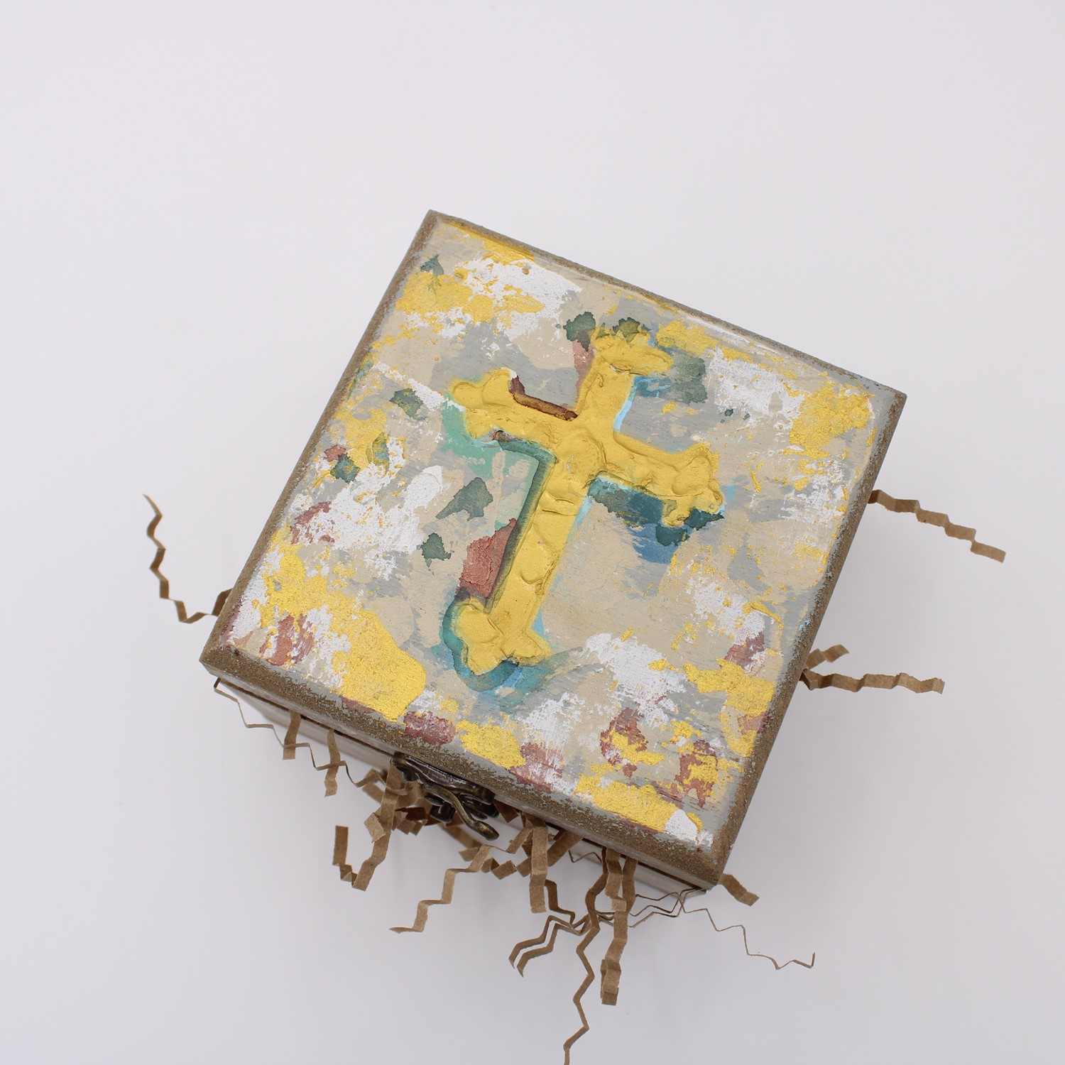 4.5x4.5x3" Handpainted Cross Wood Box ©Candice Boatright CB1013