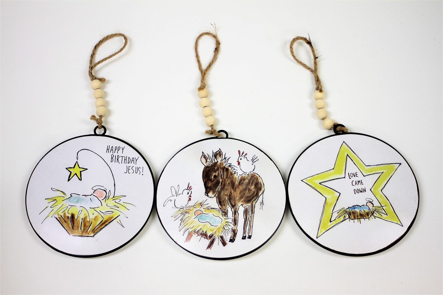 6" Round Metal Disc Ornament with beads, Manger, 3 assorted ©Tawnya Norton TNX6061A