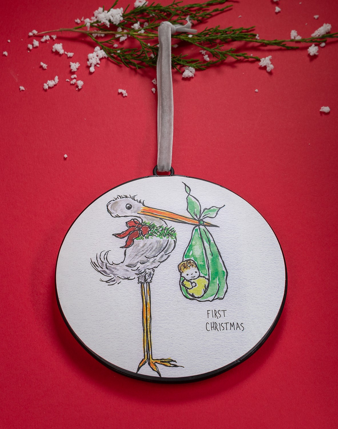 6" Metal Disc Ornament, Stork, First Christmas ©Tawnya Norton TNX6056