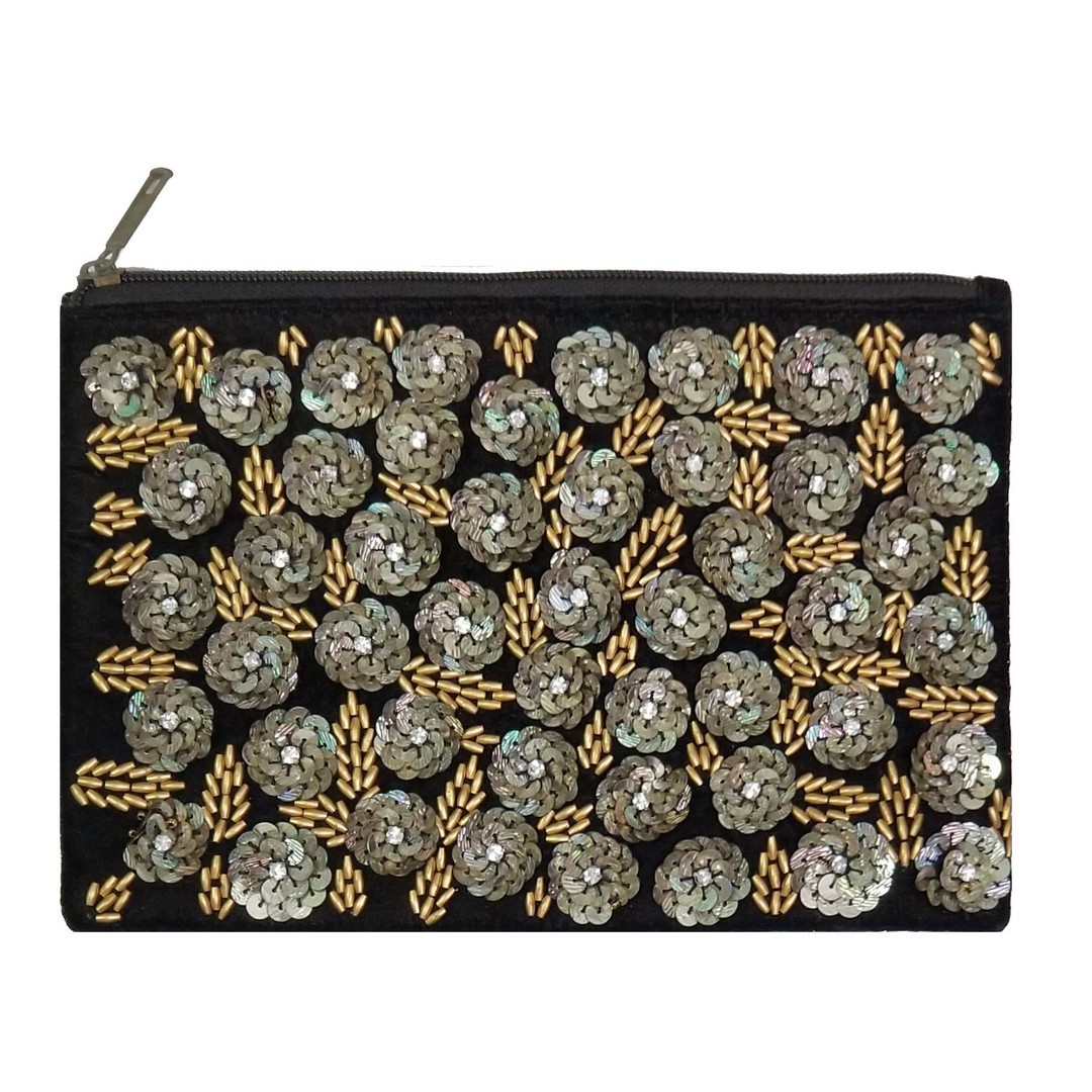 9x6" Gold Flowers Hand Beaded Clutch, Black CDBW032
