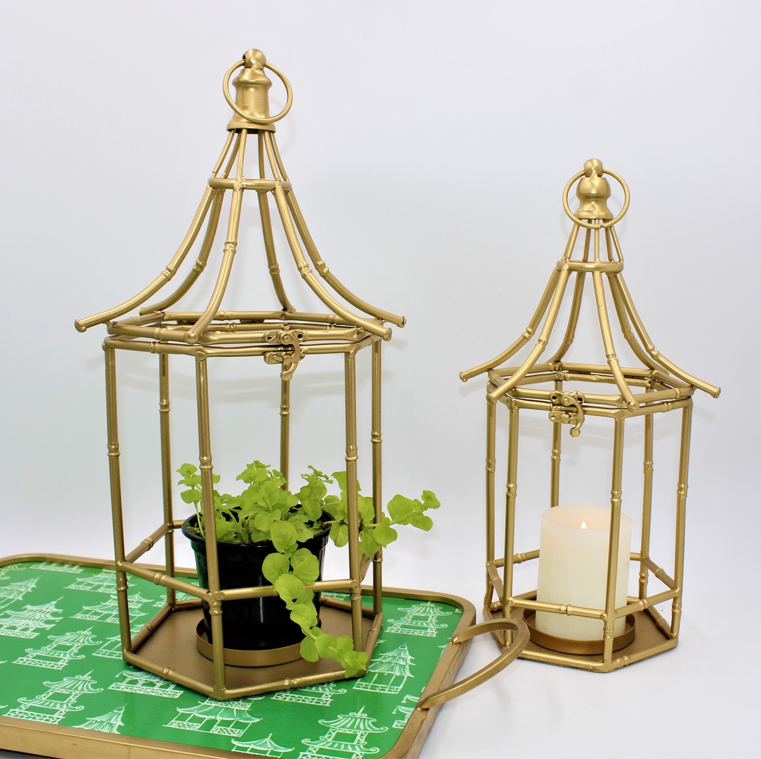 Set/2 Gold Metal Bamboo Lanterns, 7x17.5, 6x15.5