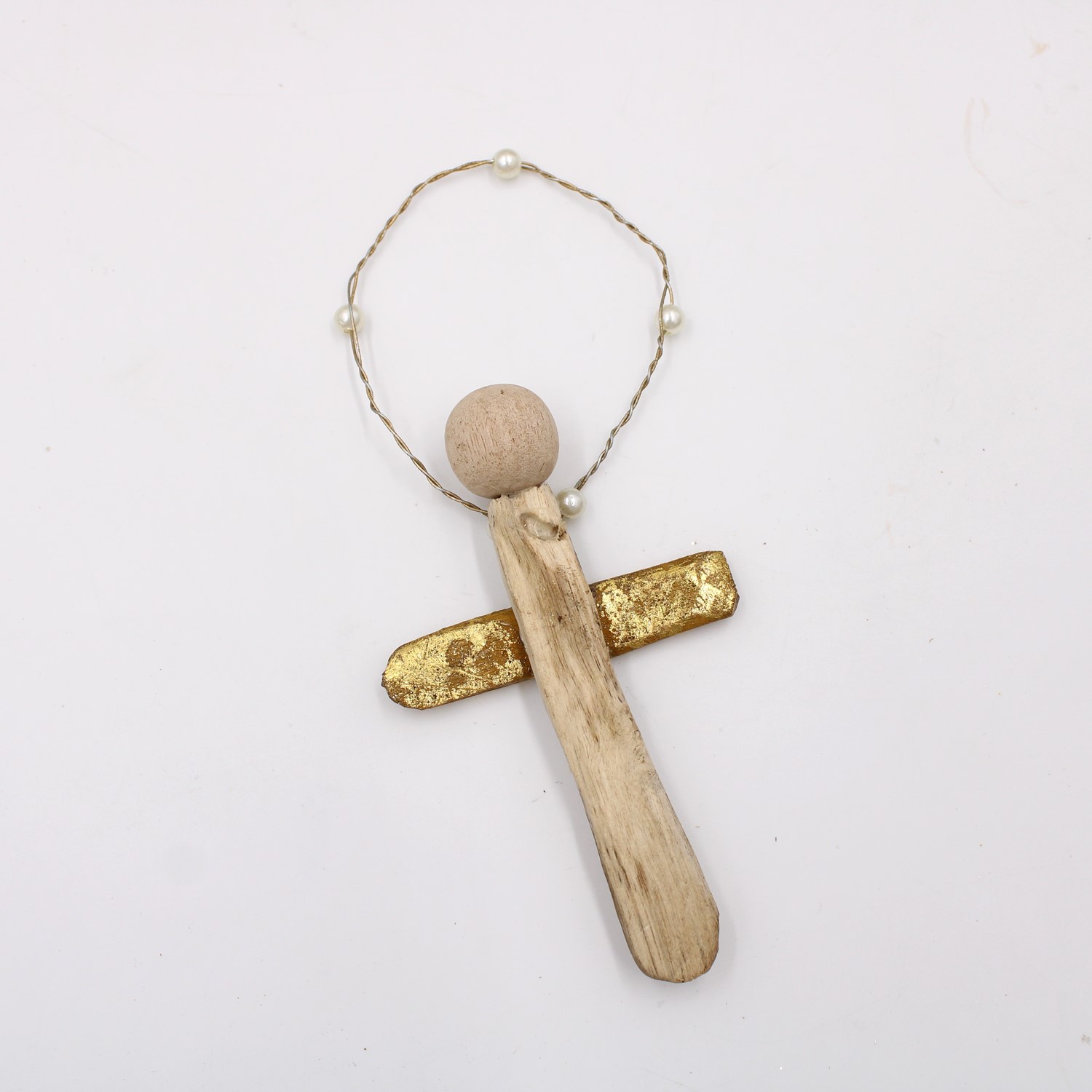 6.25" Driftwood Angel Ornament, Gold Wings, Wire and Pearl Halo JM92000