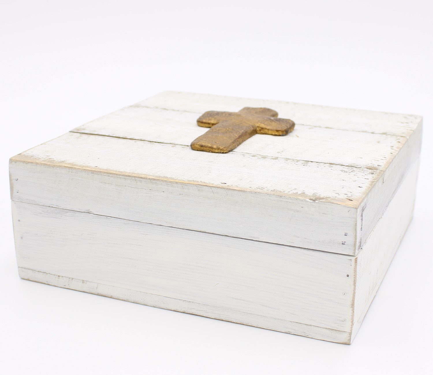 8x8x3" Square Wood Box, White with Gold Cross HD6058
