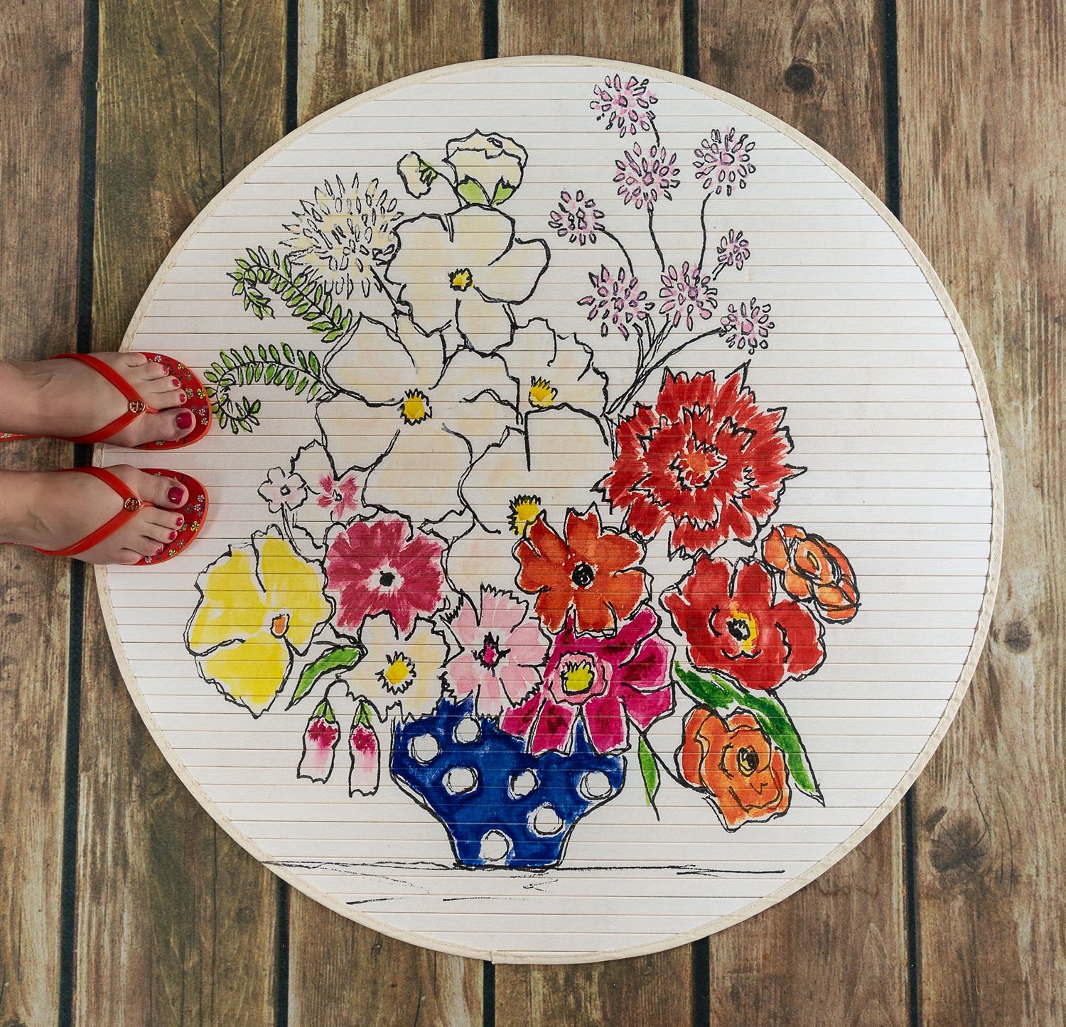 36" Round Bamboo Mat, Bright Floral in Blue Vase ©Tawnya Norton TN2026