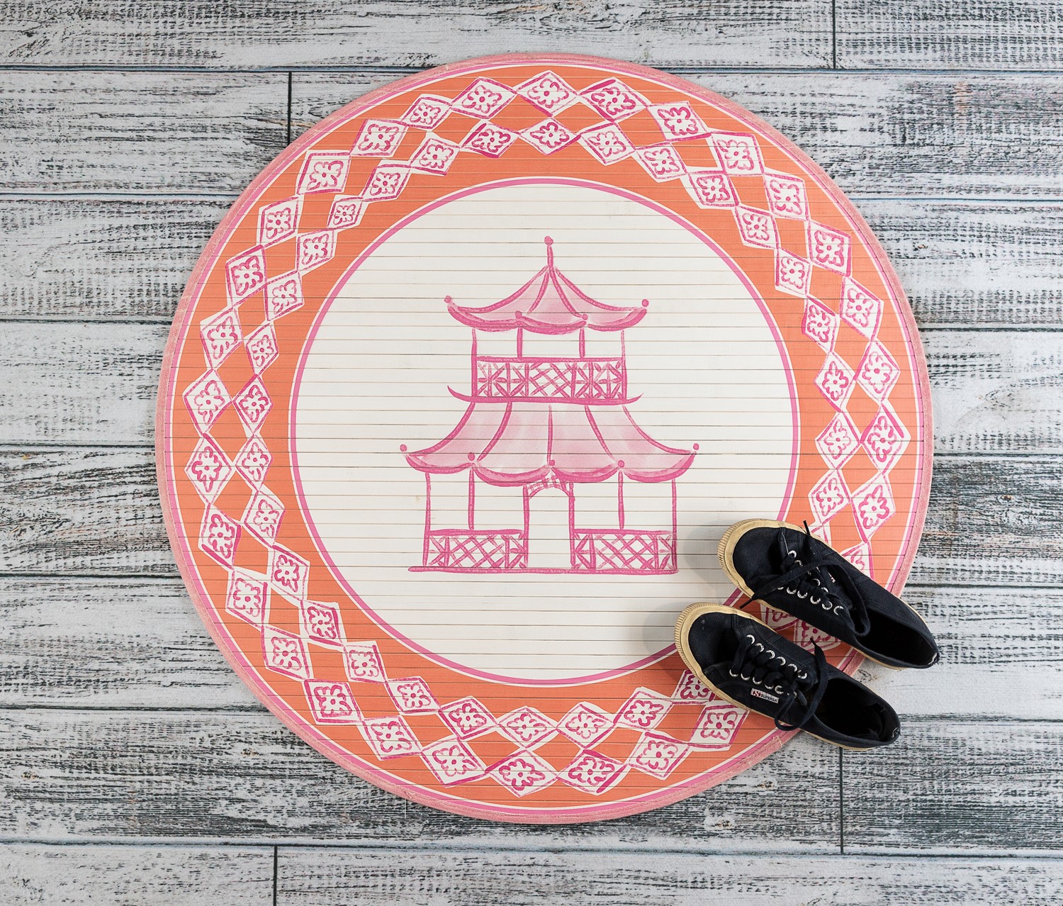 36" Round Bamboo Mat, Pink & Orange Pagoda ©Patty Rybolt PR1004