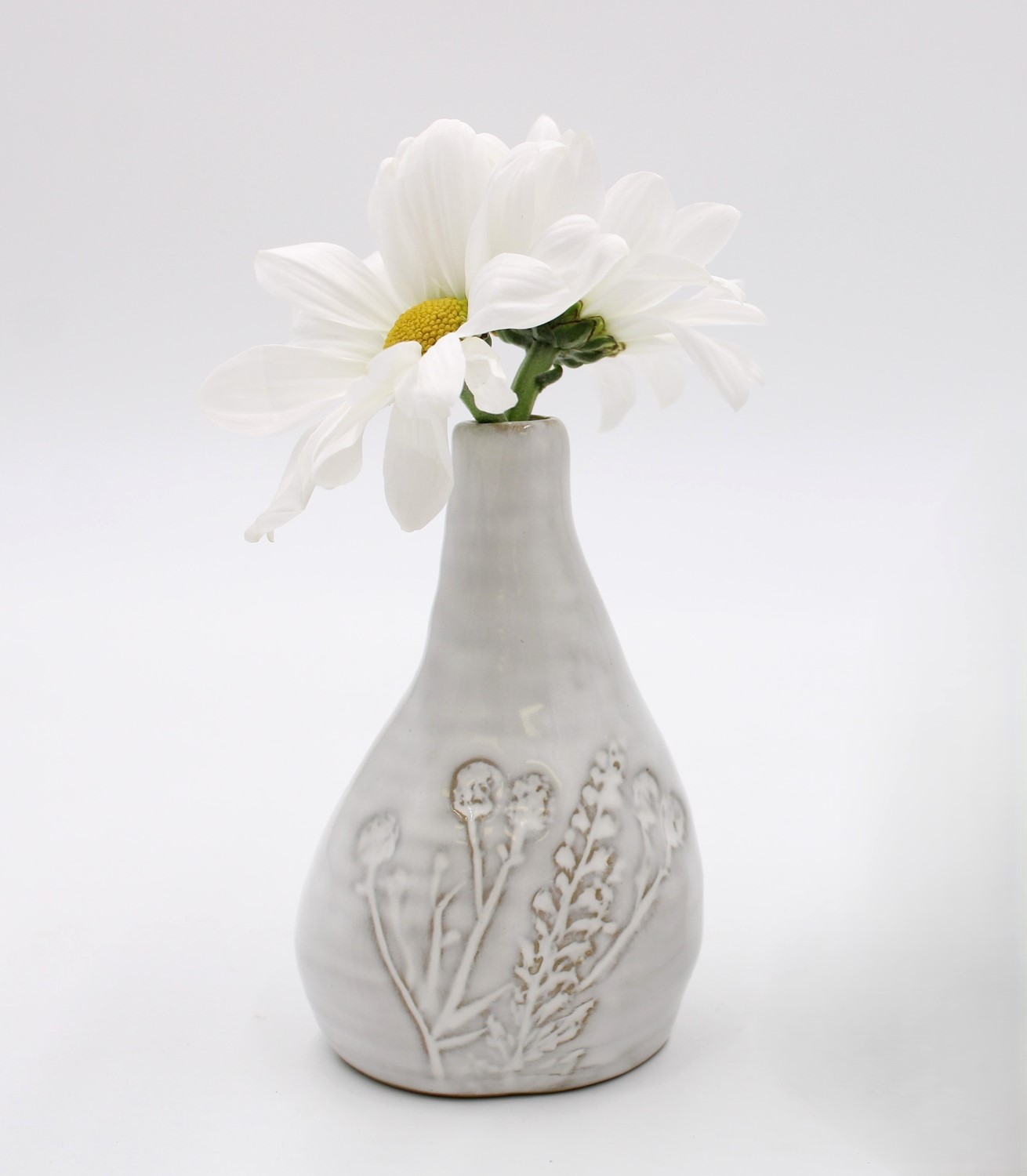 4" Skinny Ceramic Vase with Debossed Flowers, White HD6399