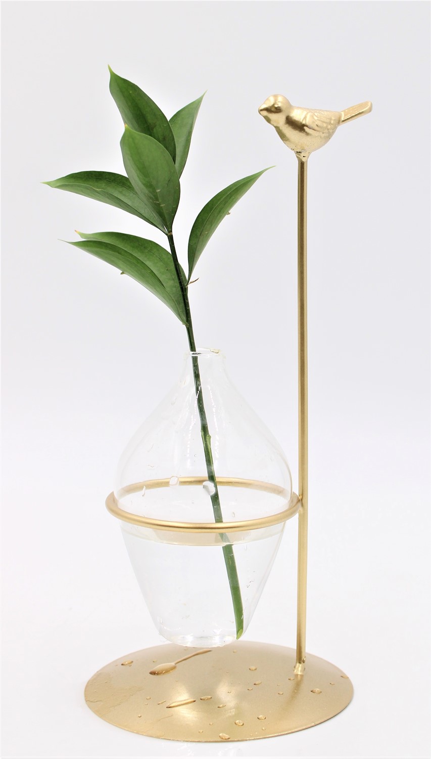 4x9" Test Tube Vase Gold Metal Bird HD6417