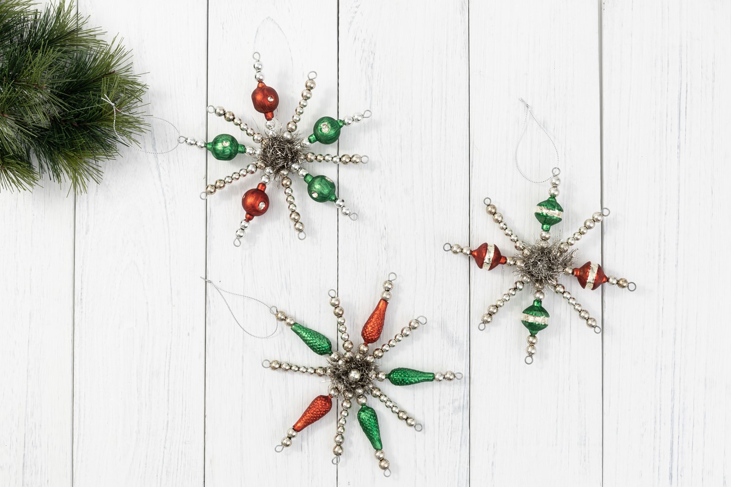 7" Beaded Glass Snowflake Ornament, Red & Green, 3 assorted CM5300A