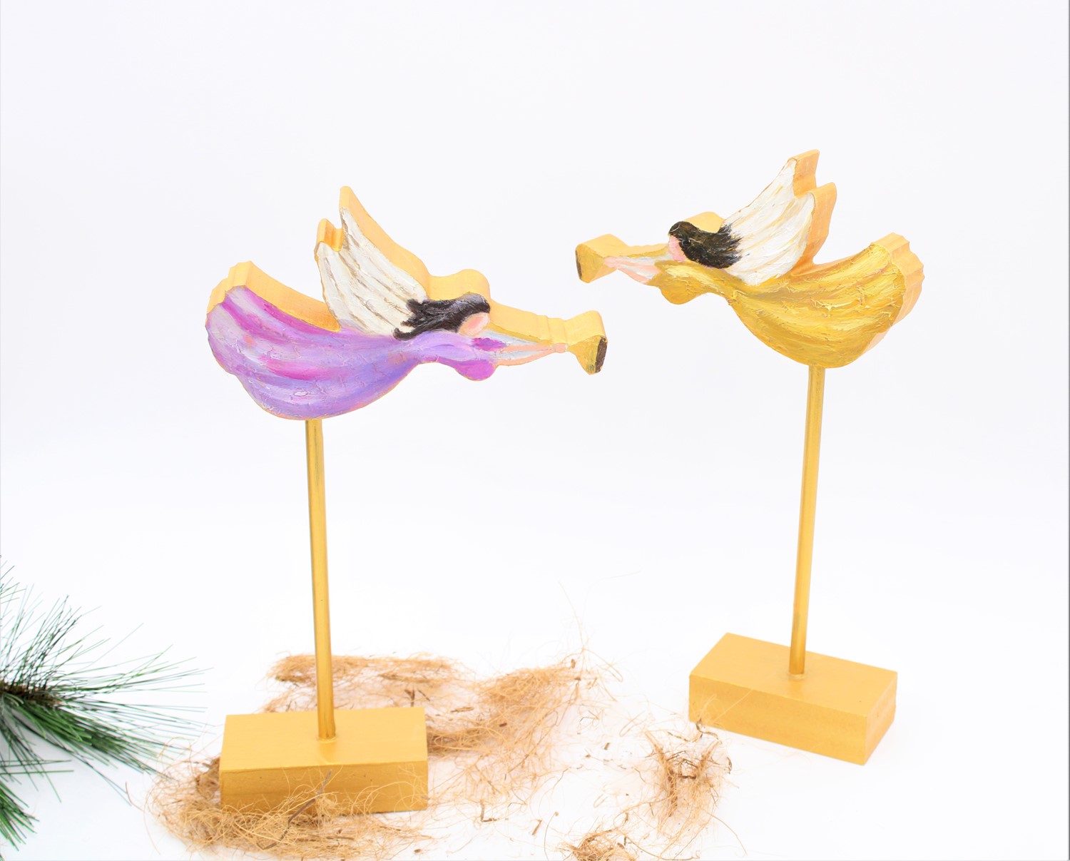 Set/2 12.5"Handpainted Wood Heralding Angels on Pedestal ©Candice Boatright CBX1021S