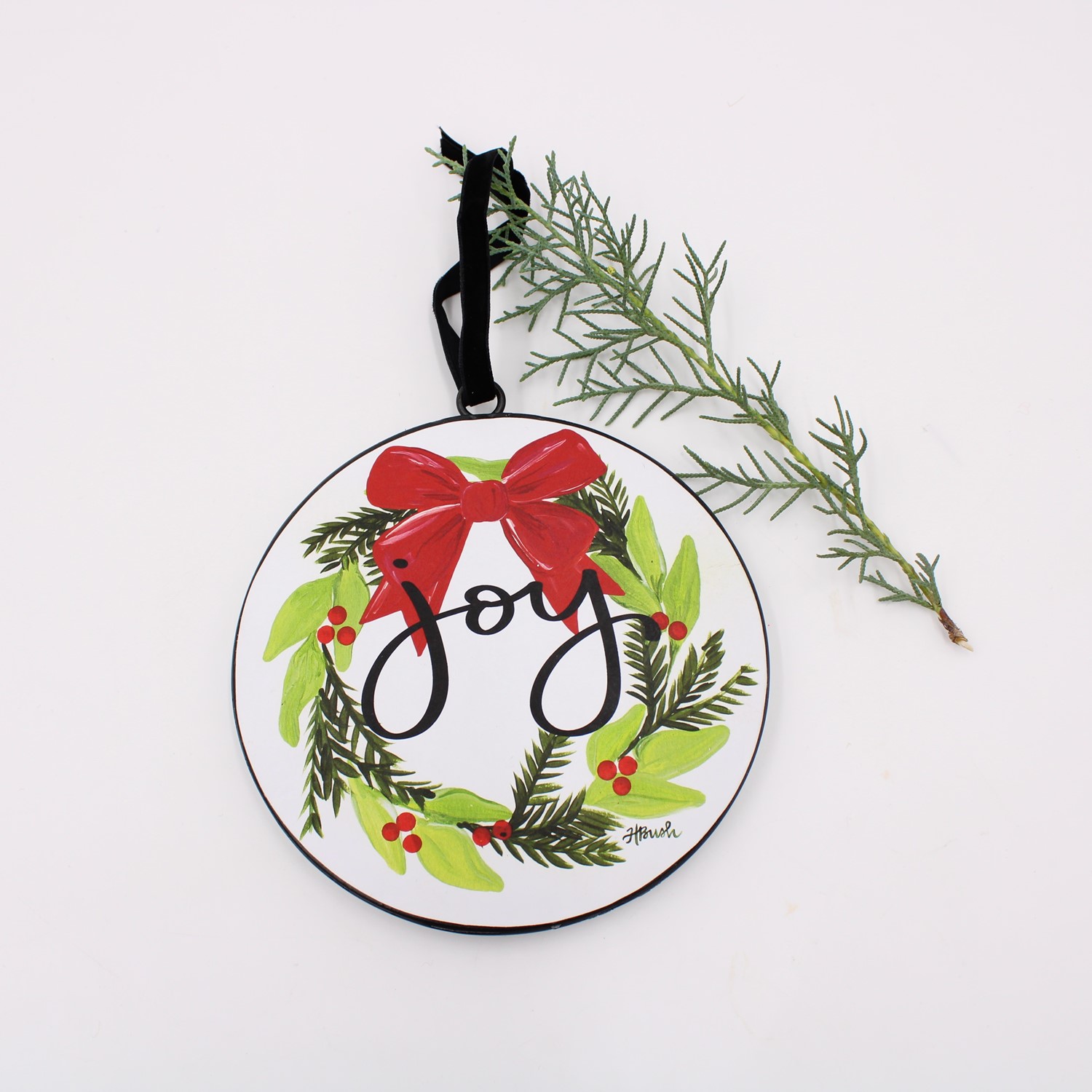 6" Round Metal Disc Ornament, Joy Wreath ©Haley Bush HBX1014