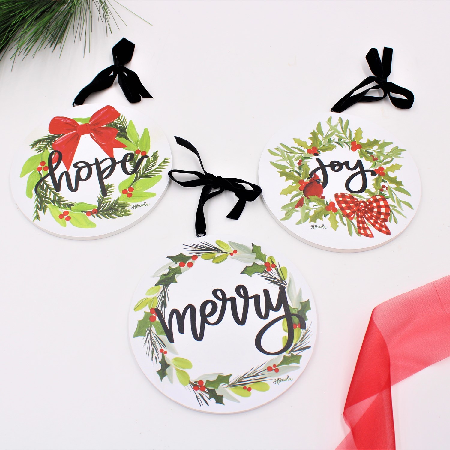 6" Round MDF Ornament, Wreath, Hope/Joy/Merry, 3 Assorted ©Haley Bush HBX1058A