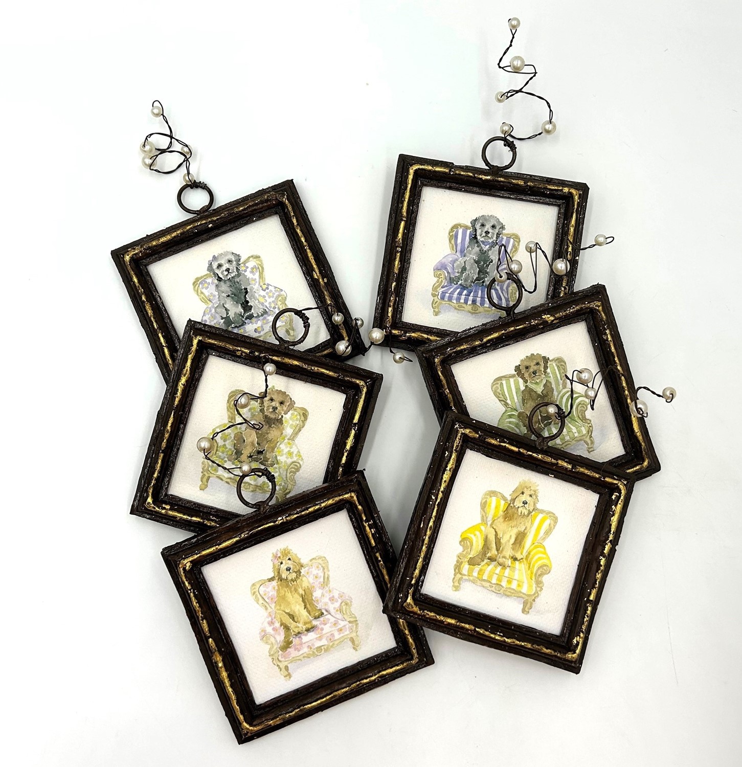 4x4" Wood Frame, Wire with Pearls, Dog Art, 6 Assorted ©Megan Grinder MG1004A