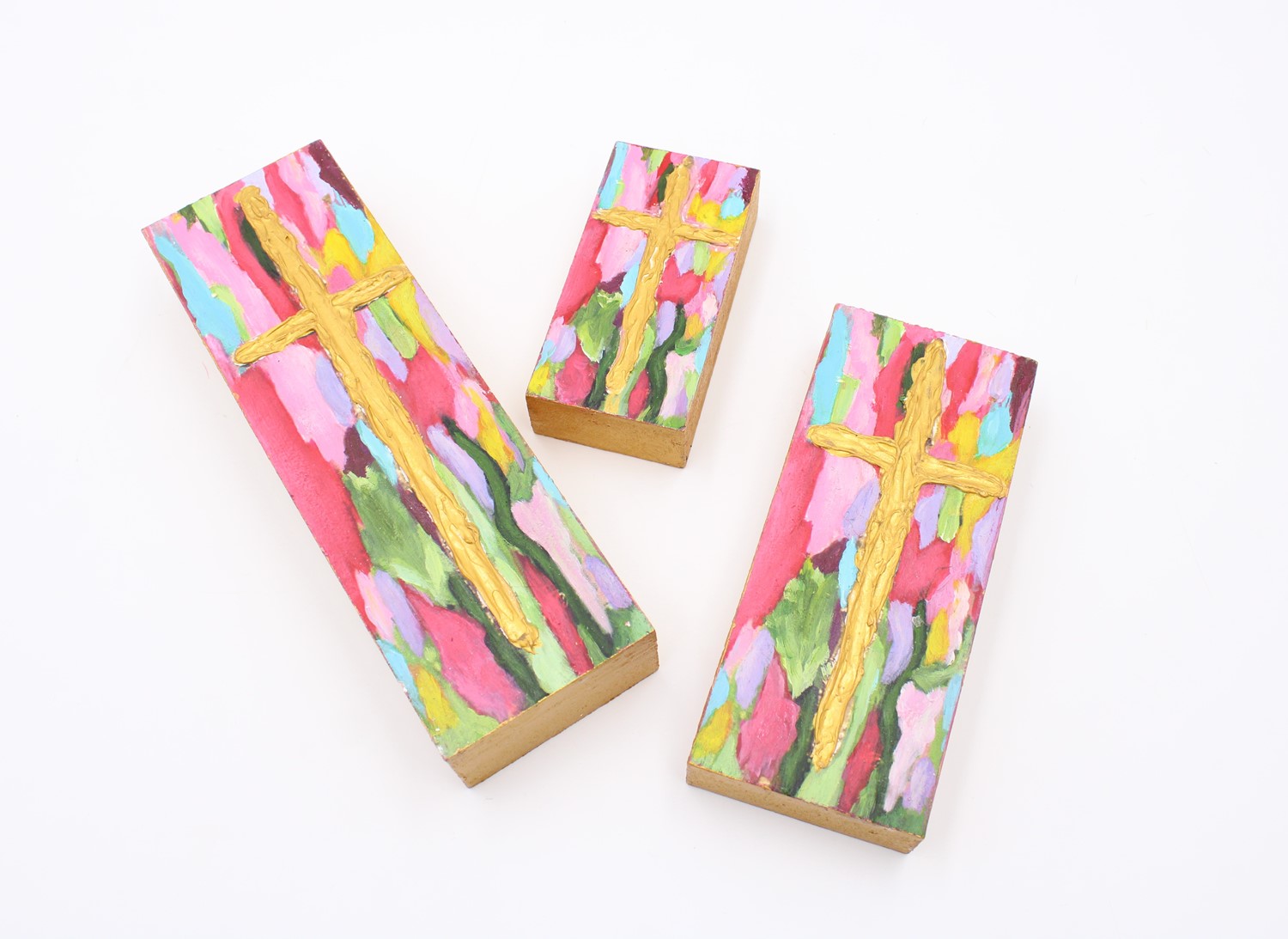 Set/3 Handpainted Wood Cross Blocks, Brights, 2.5x8" 2.5x6" 2x4" ©Haley Bush HB2004S