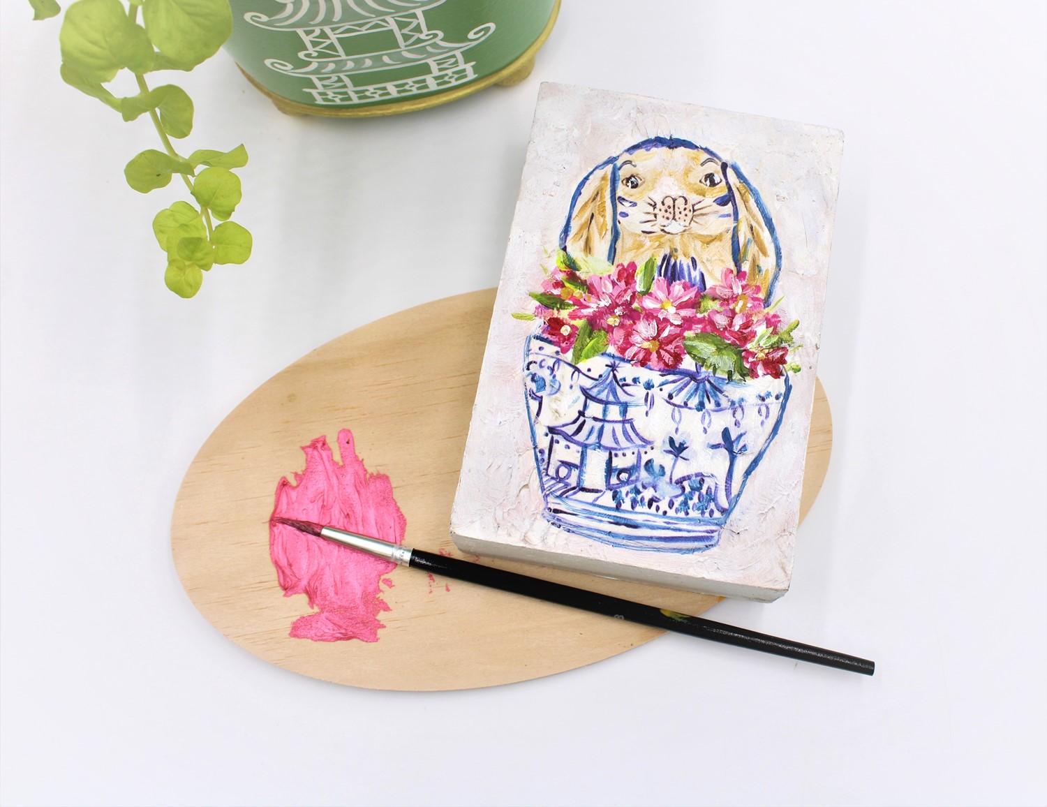 4x6" Handpainted Wood Box Sign, Bunny in Pot ©Haley Bush HB2011