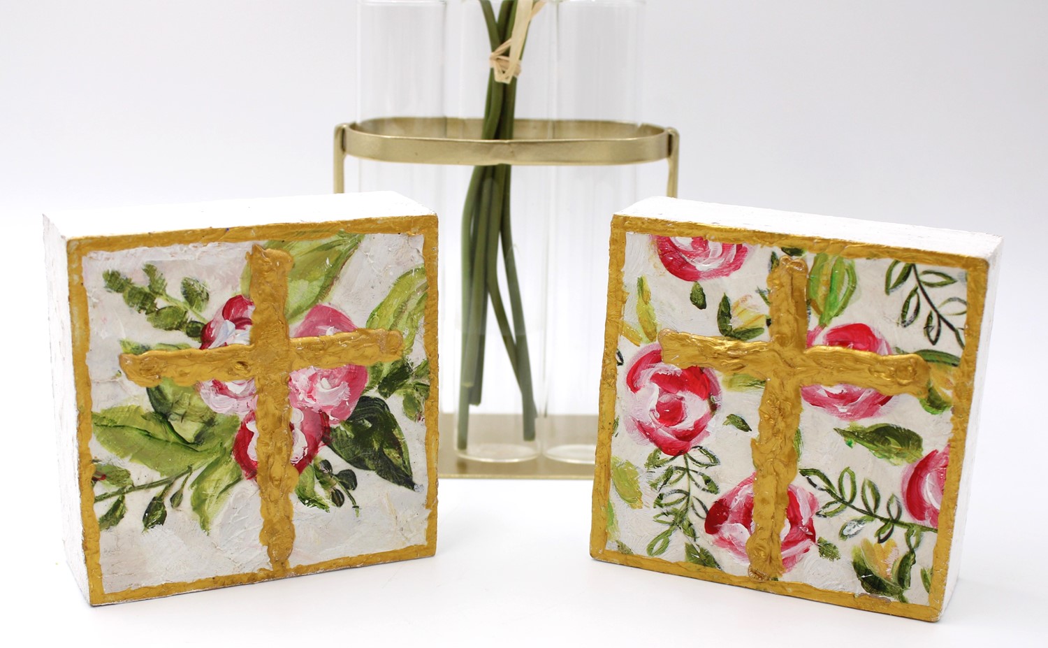 4x4" Handpainted Wood Block Sign, Floral Cross, 2 Assorted ©Haley Bush HB2013A