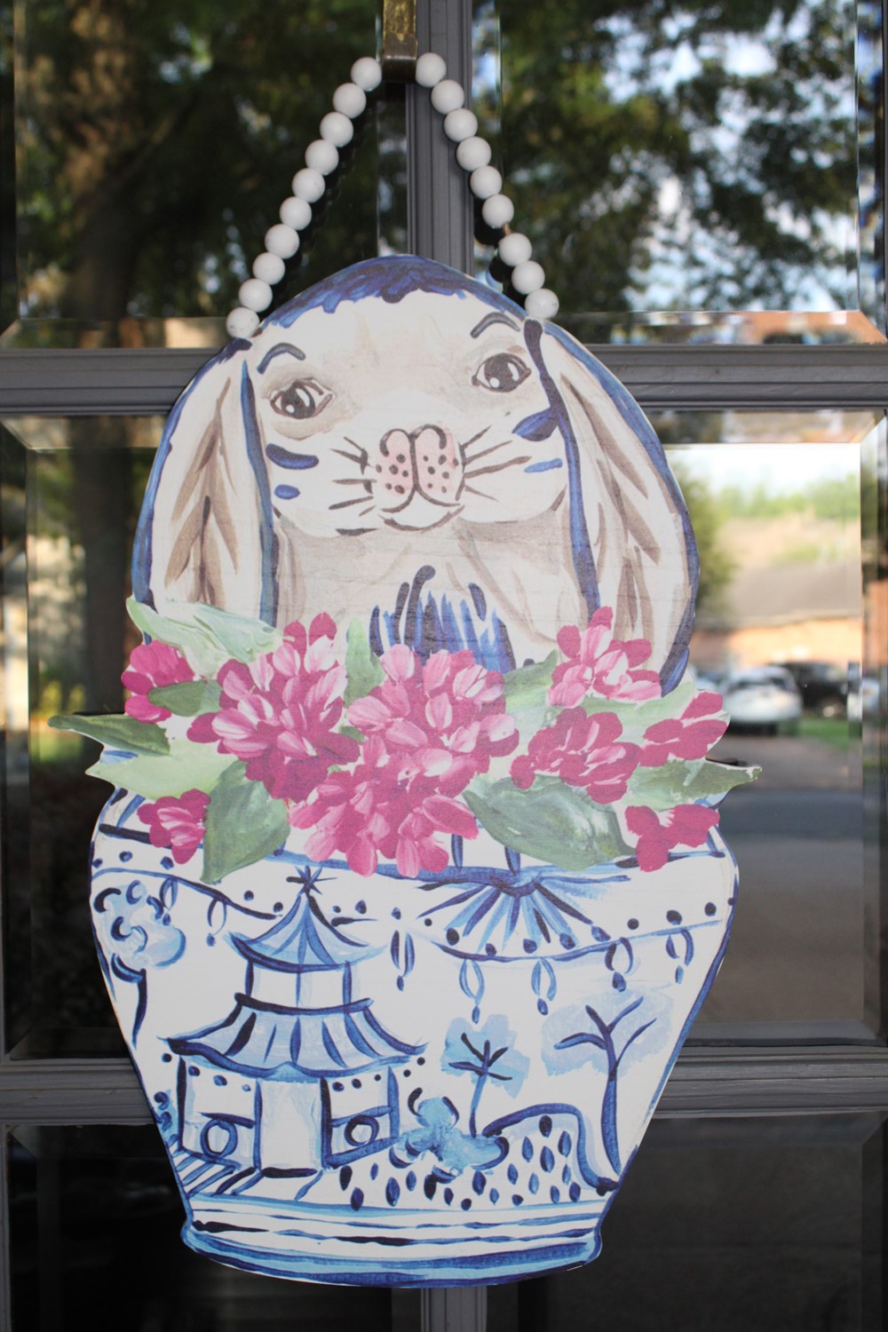 16.5x23.5" MDF Door Decor with Bead Hanger, Bunny in Pot ©Haley Bush HB2024
