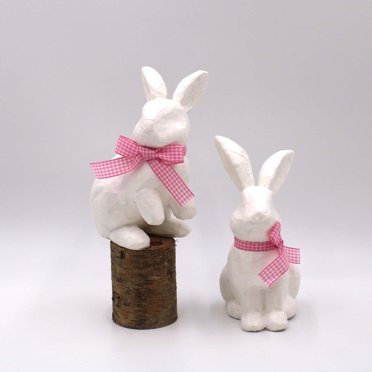 White Paper Mache Rabbits, Pink Gingham Bow, 2 Assorted, 5x7.5", 4.75x6.75" HD4294A