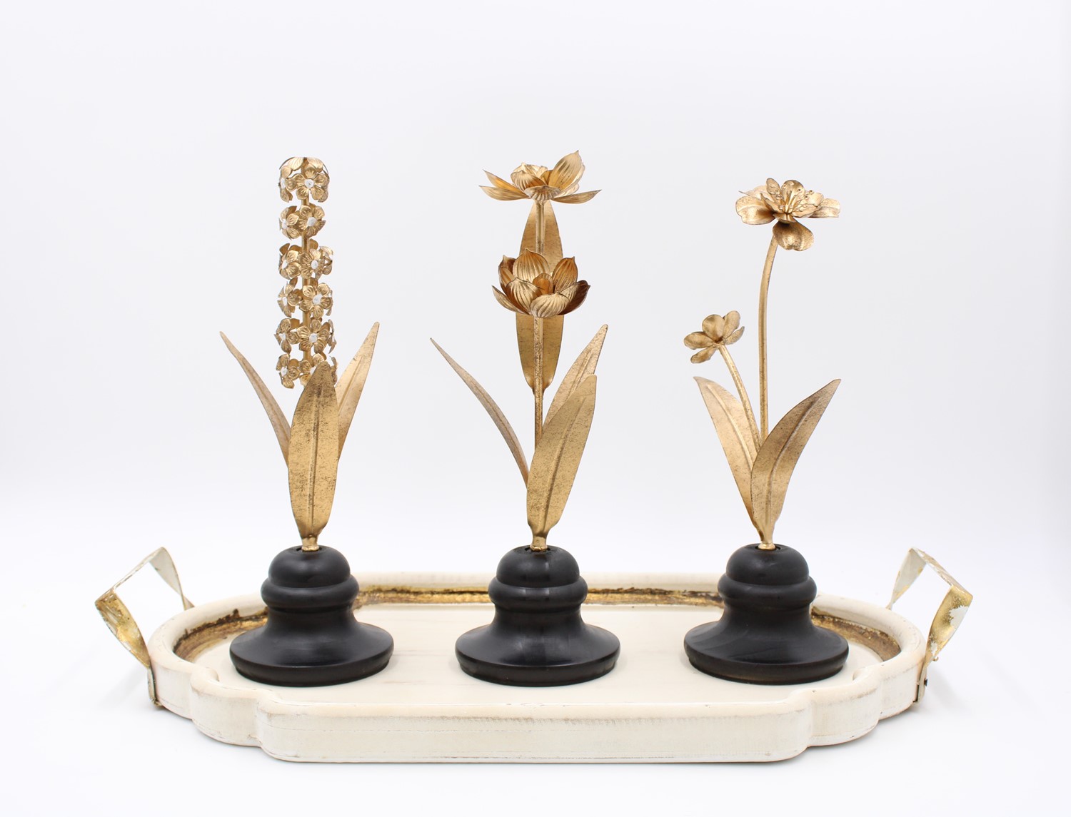 12" Metal Flower Finials on Black Wood Stand, 3 Assorted HD4259A