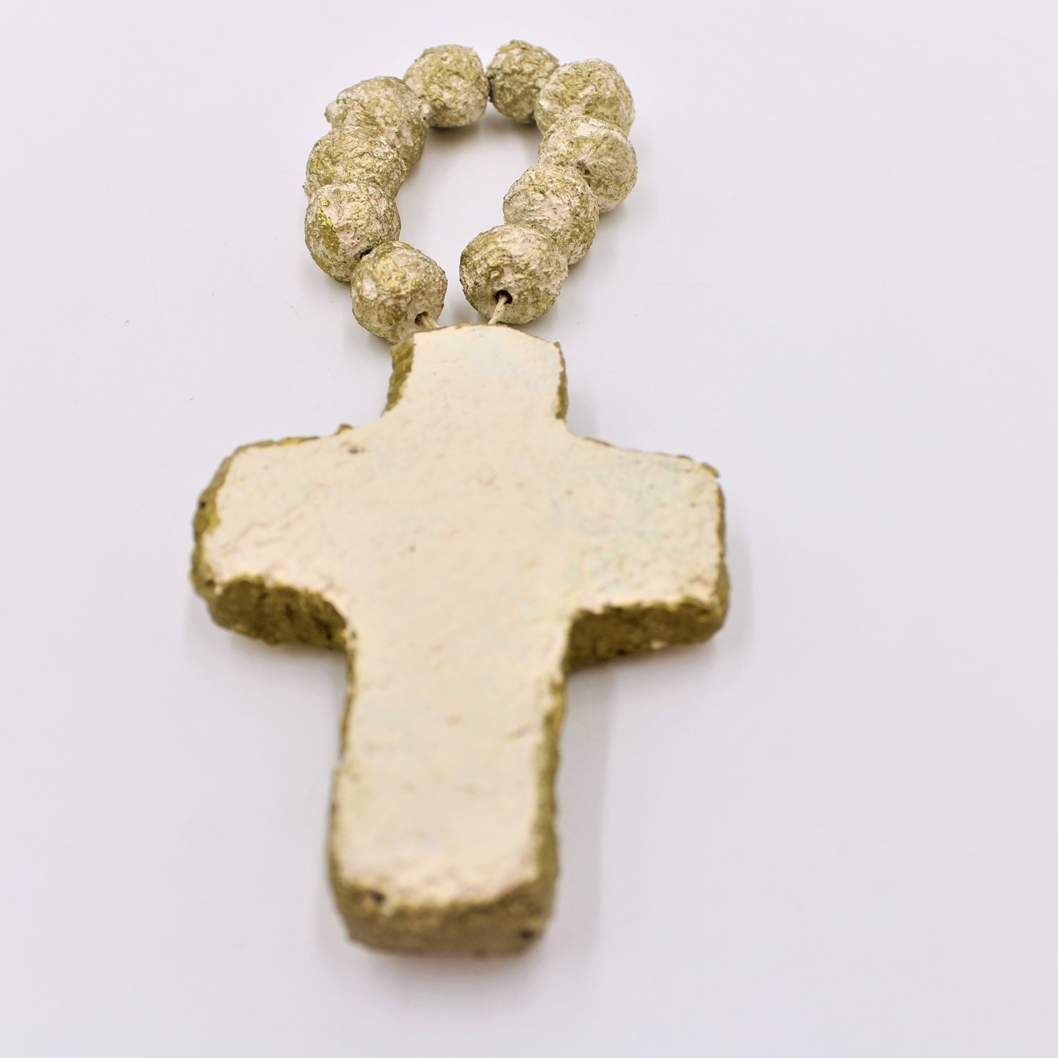 8.5x3x.75" Handpainted Paper Pulp Cross with Beads, Ivory/Gold HD4266