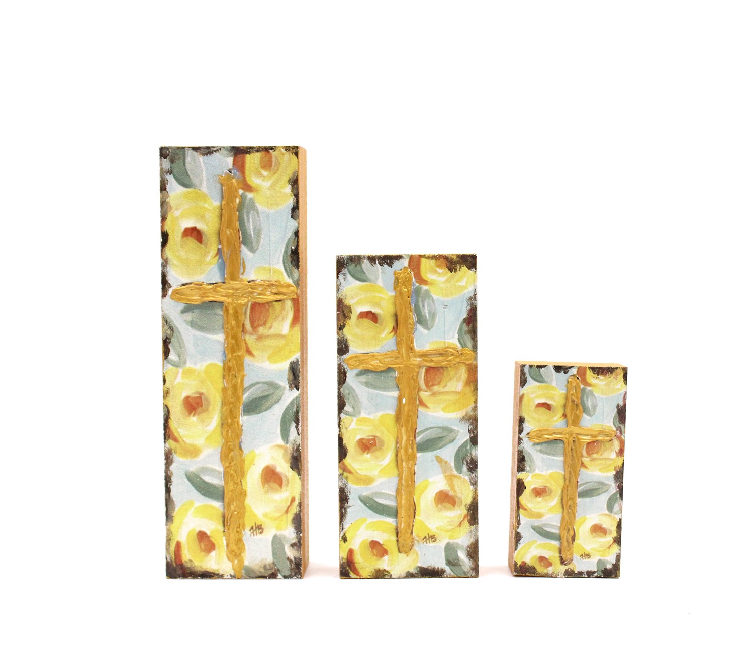 Set/3 Handpainted Wood Cross Blocks, Yellow Floral 8" 6" 4" ©Haley Bush HB2016S