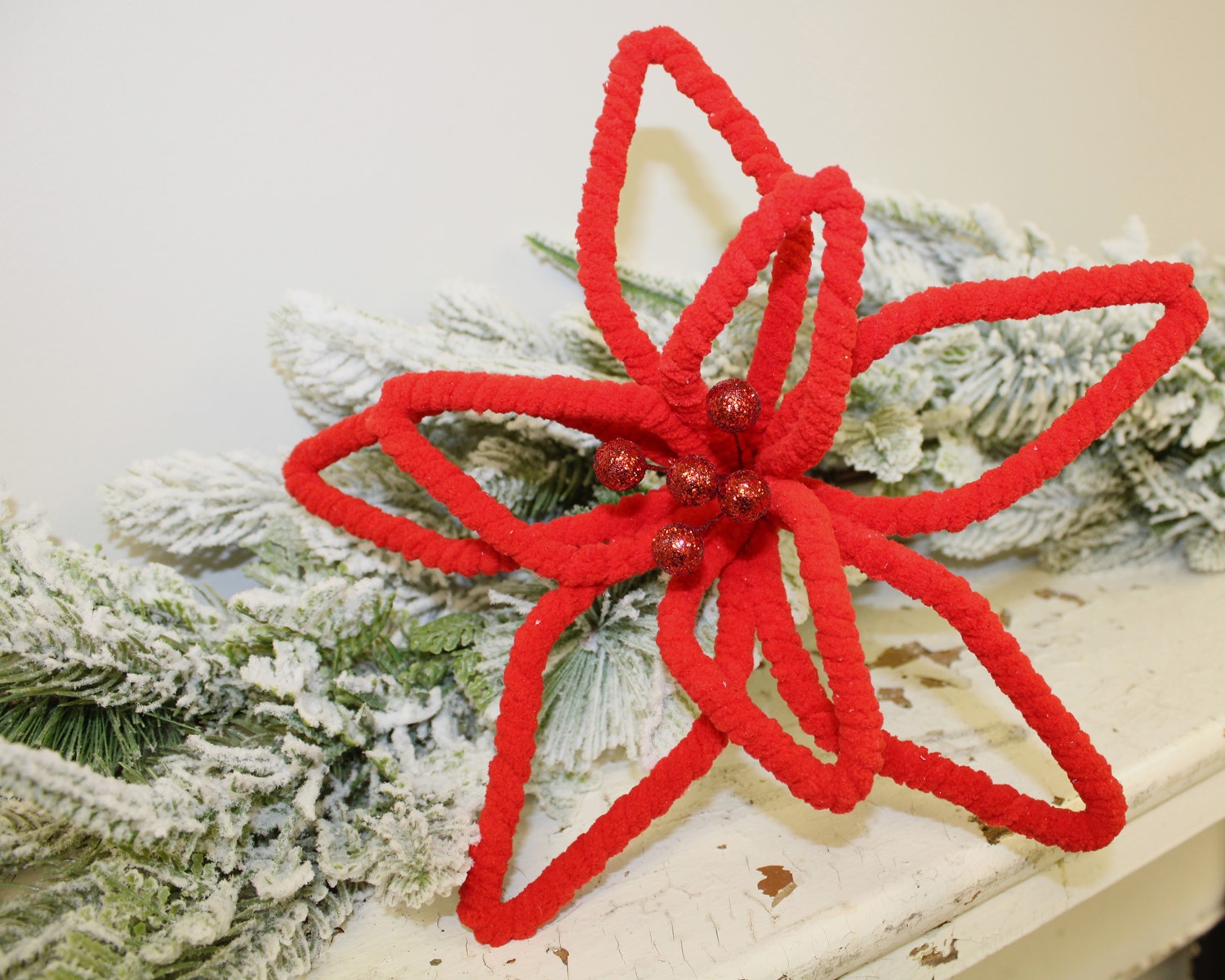 13.75" Red Chenille Poinsettia Stem w/ Glittered Berries CM1106