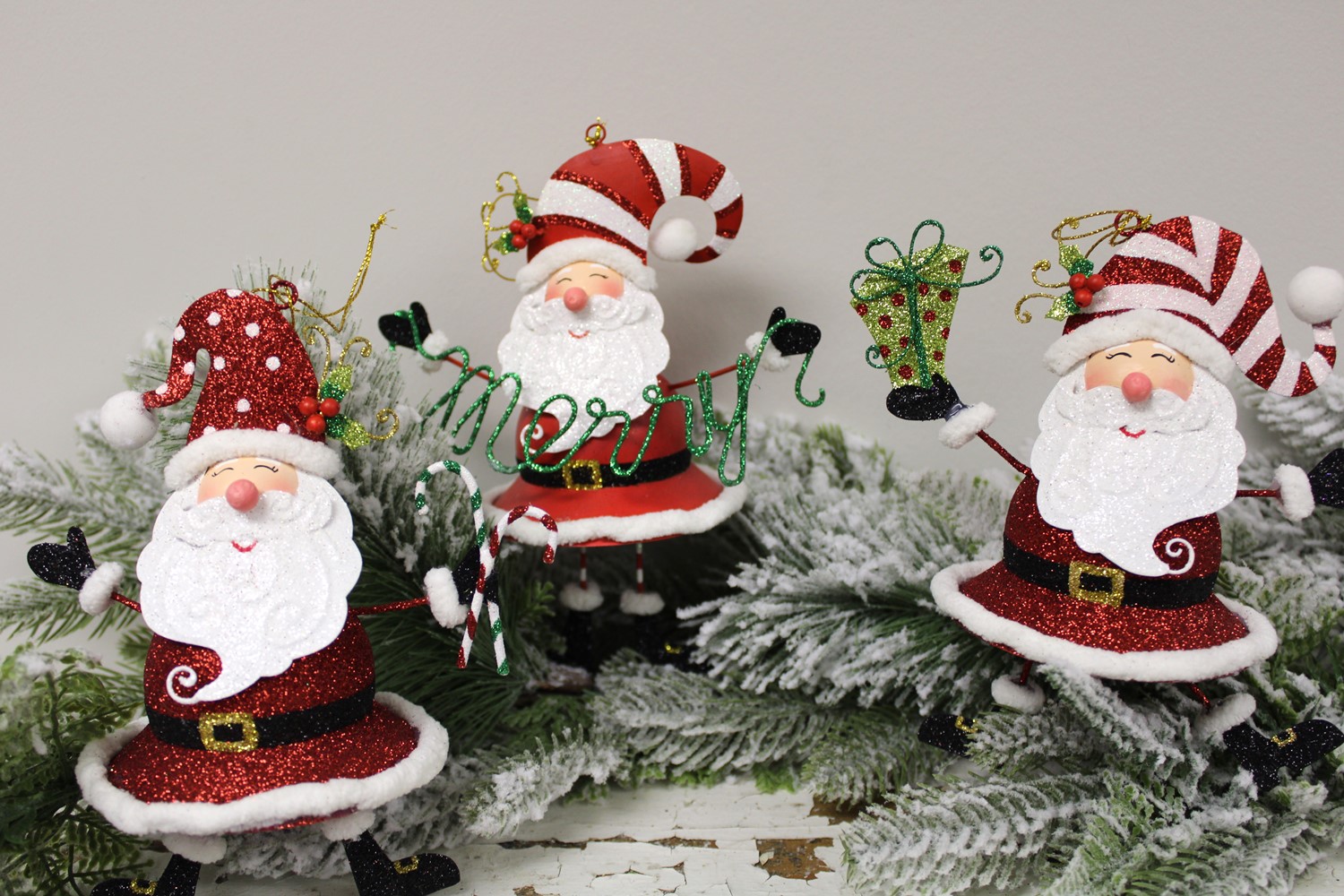6.75-7.25" Metal Ornament w/ Glitter, Whimsical Santa, 3 assorted CM1125A