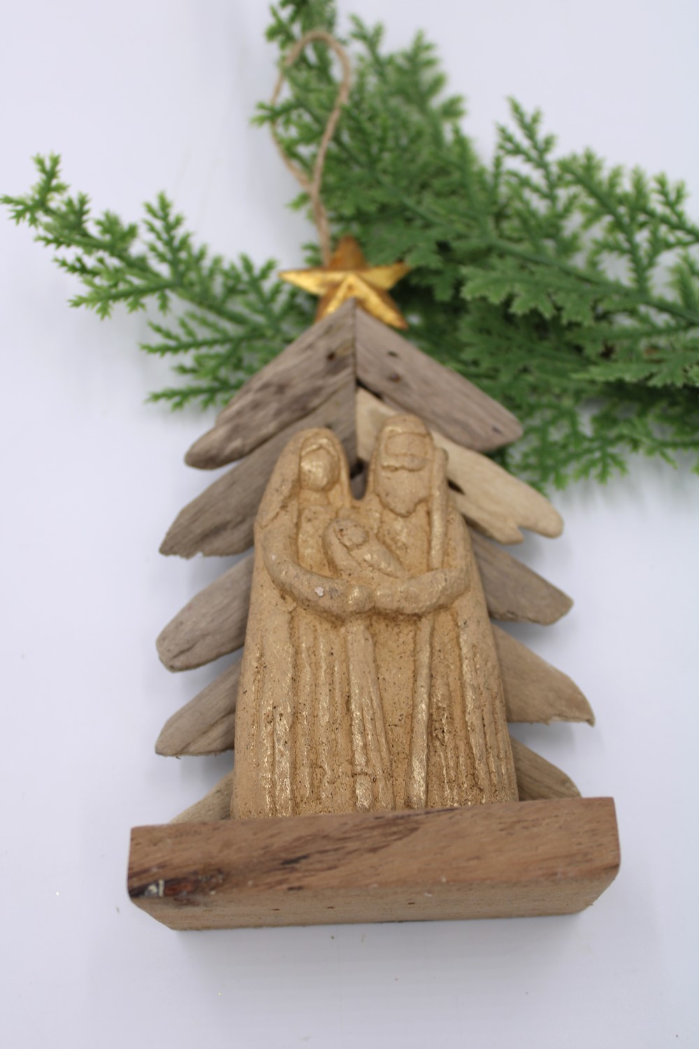 3.5x1.75x6" Driftwood Tree Ornament, Gold Paper Pulp Holy Family CM1015