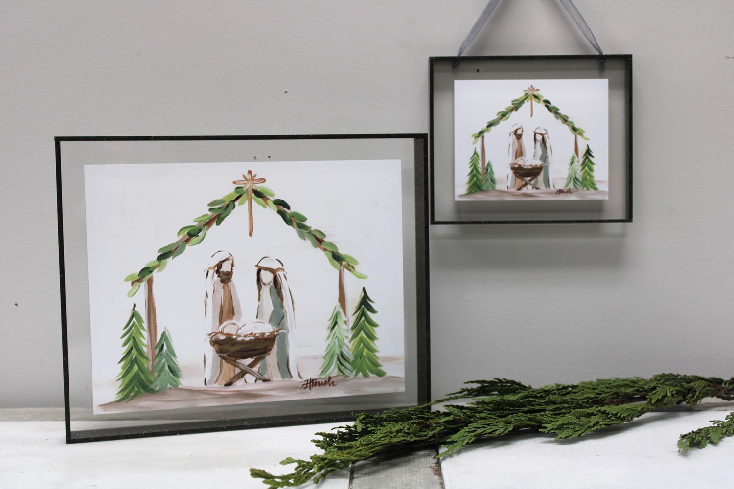 6x5" Acrylic Ornament w/ Glitter Frame, Evergreen Nativity ©Haley Bush HBX1265