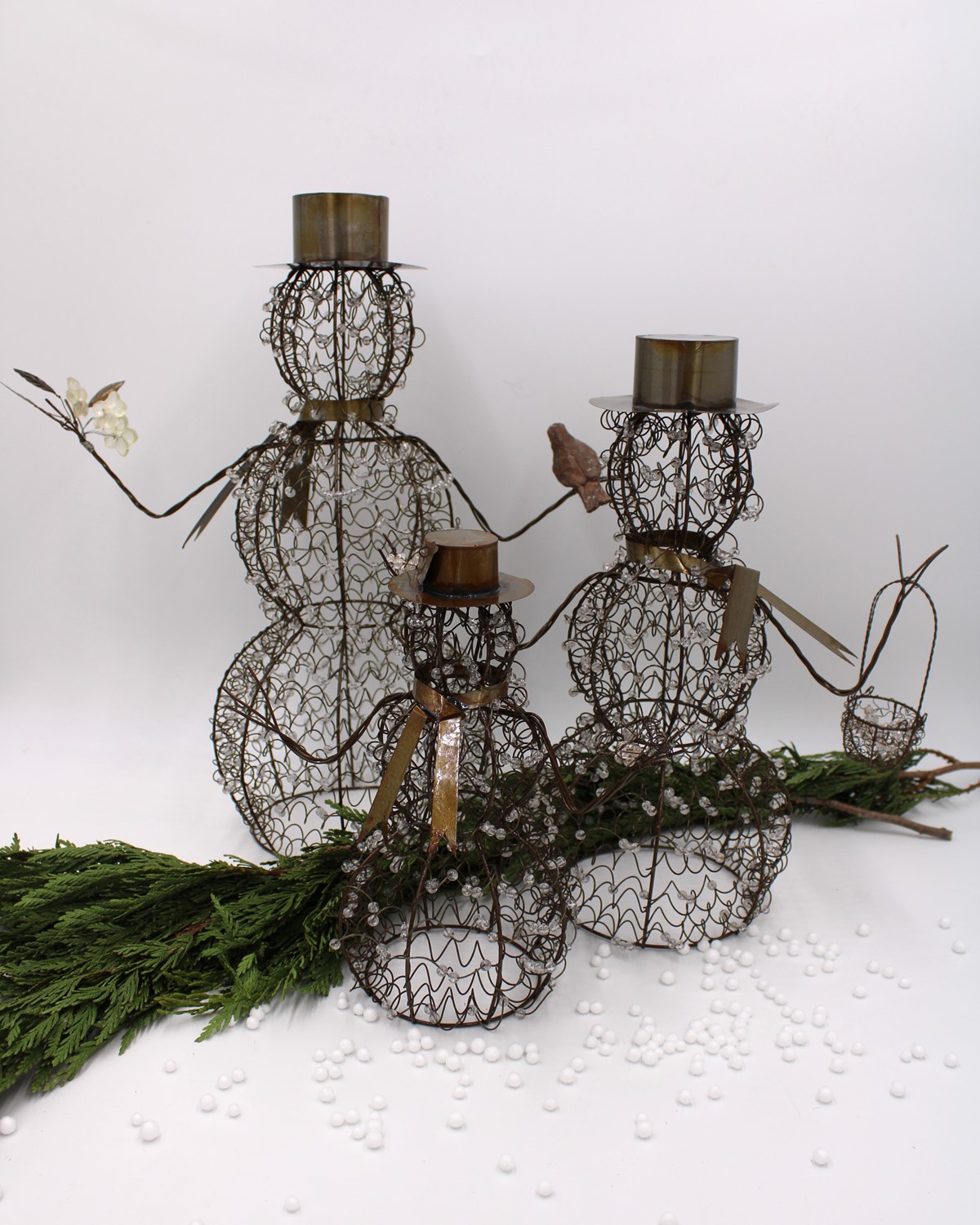 Set/3 Vintage Wire Snowmen w/ Beads 10.5,14.5,17.5" JM9344S