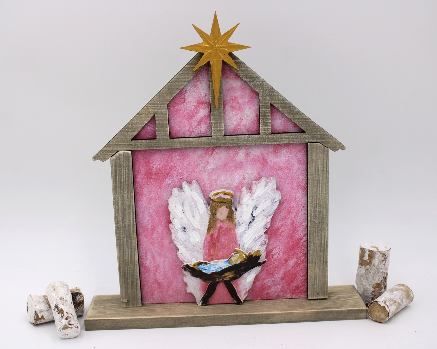 10.25x11" Layered Wood Angel at Manger, Pink ©Tawnya Norton TNX3012