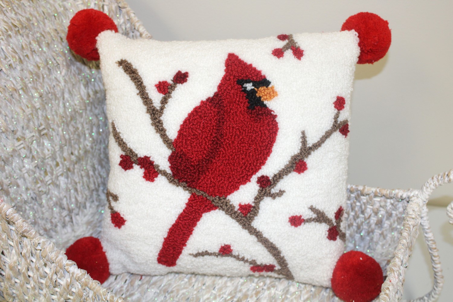 12x12" Hooked Pillow, Cardinal Pom Poms CM1276
