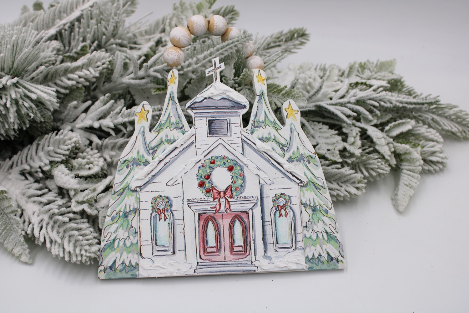 6.5" Layered Cutout Wood Church Ornament, Bead Hanger ©Dana Shoops DSX6011