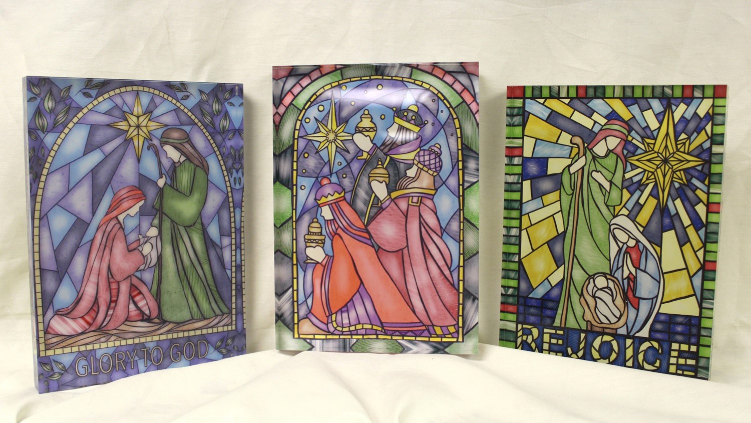6x.75x8" Acrylic Block Sign, Stained Glass Nativity, 3 asstd ©Amy Hall AHX7000A