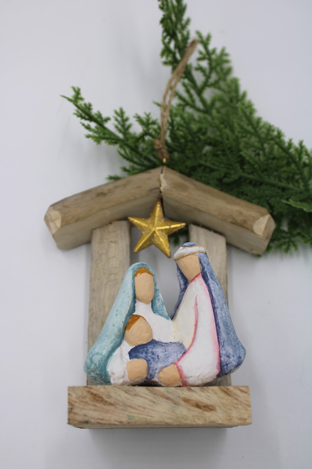 4.75x2.5x5" Driftwood Creche Ornament, Paper Pulp Holy Family Ornament, Blue CM1014