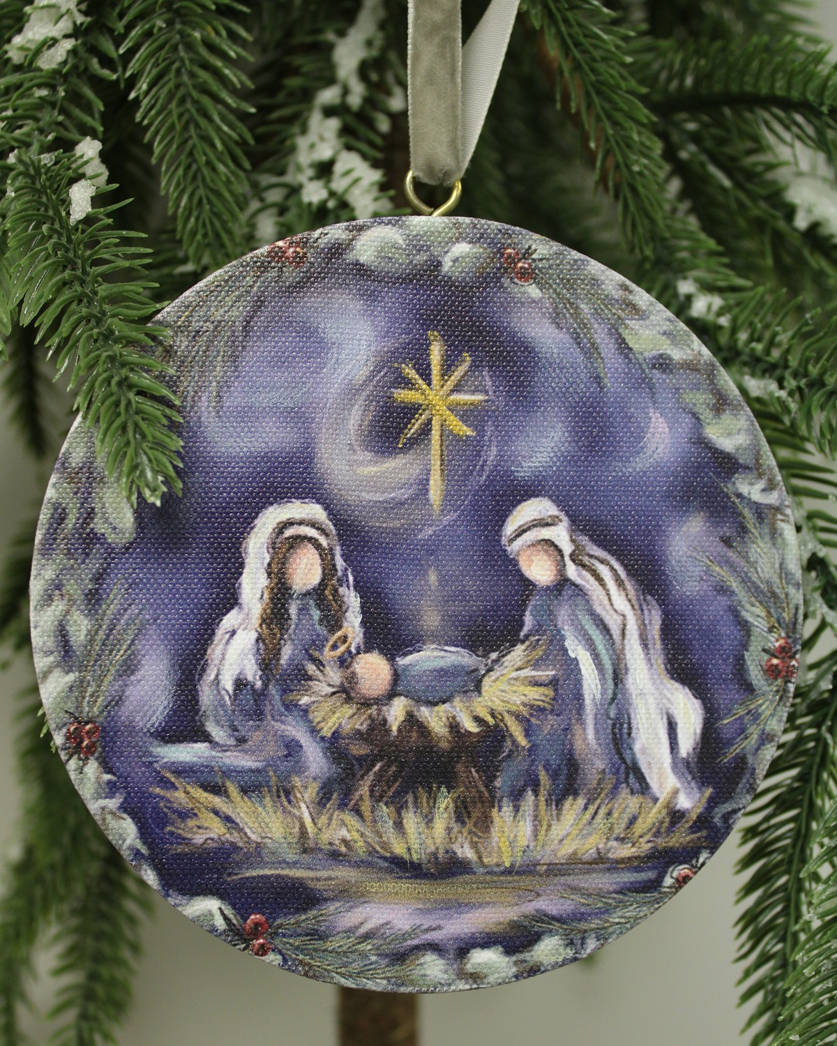 5" Round Canvas LED Ornament, Holy Family Midnight Sky ©Dana Shoops DSX6013