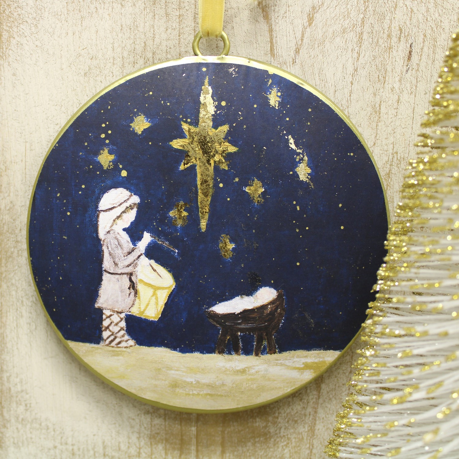 6" Metal Disc Ornament, Little Drummer Boy w/ Gold Accents ©Tawnya Norton TNX3031