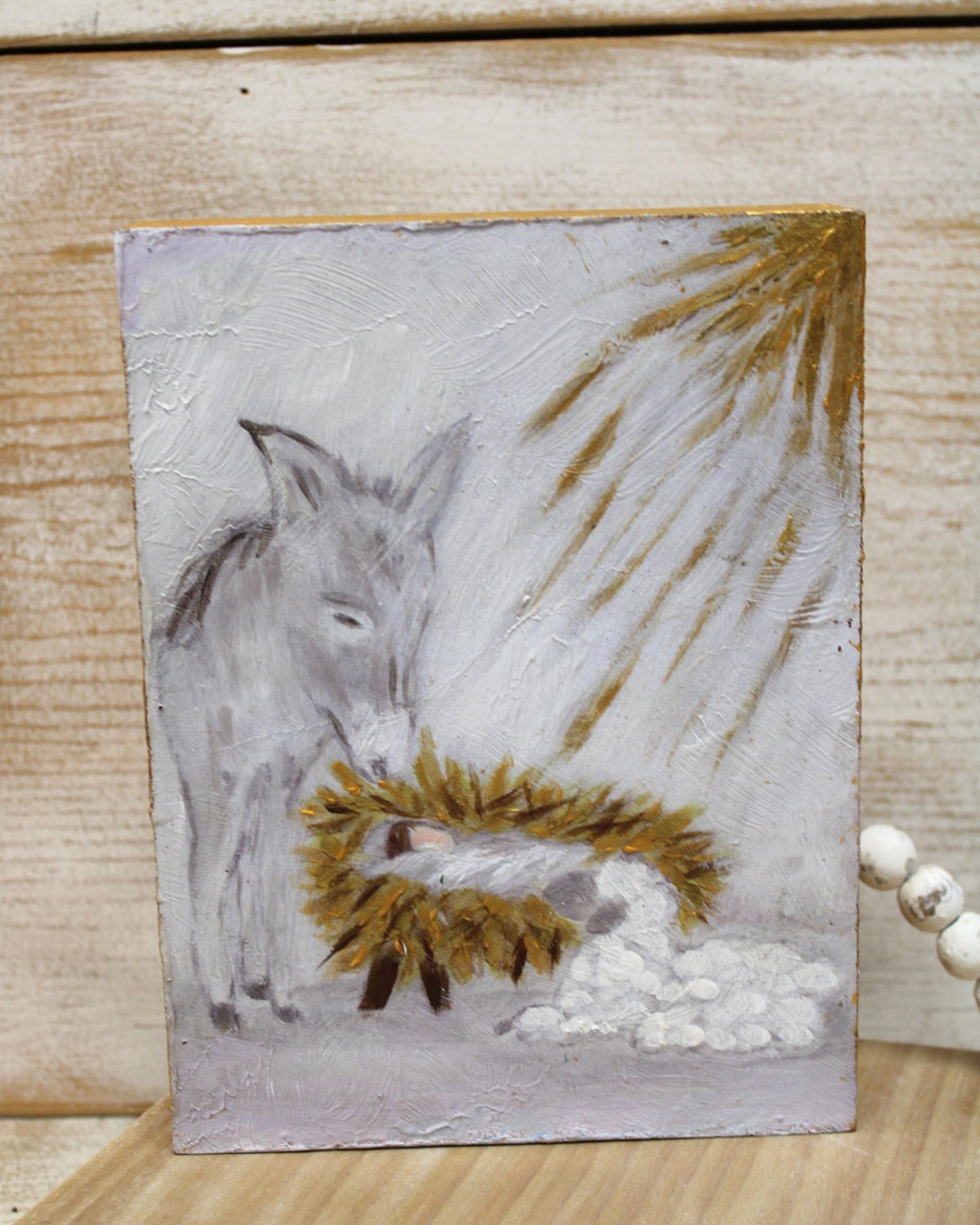 6x8" Handpainted Wood Table Sign, Donkey and Sheep at the Manger ©Tawnya Norton TNX3024