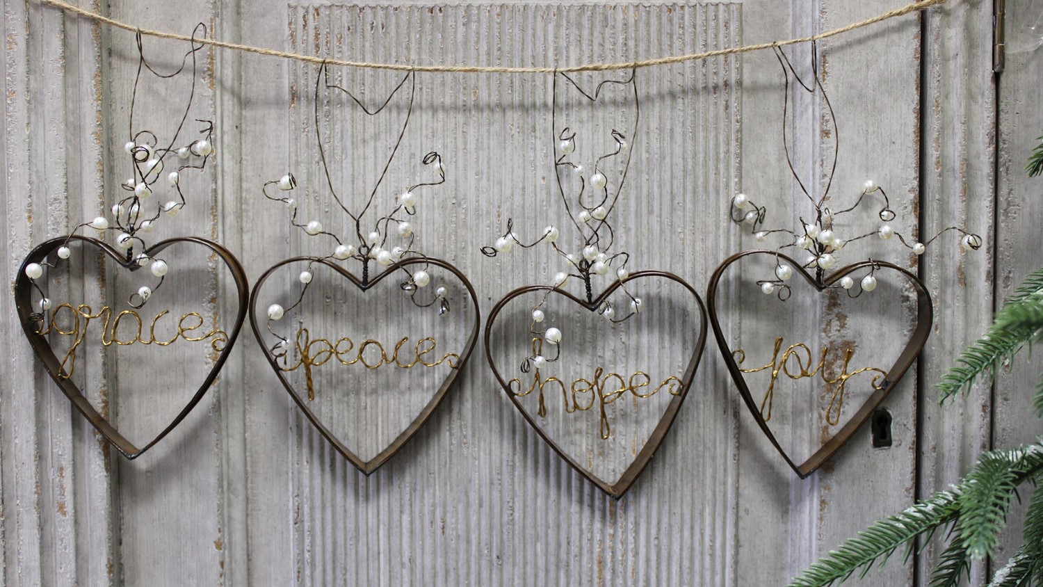 4.5x5" Metal Hearts w/ Words and Pearls, 4.5" Drop, 4 assorted JM9327A