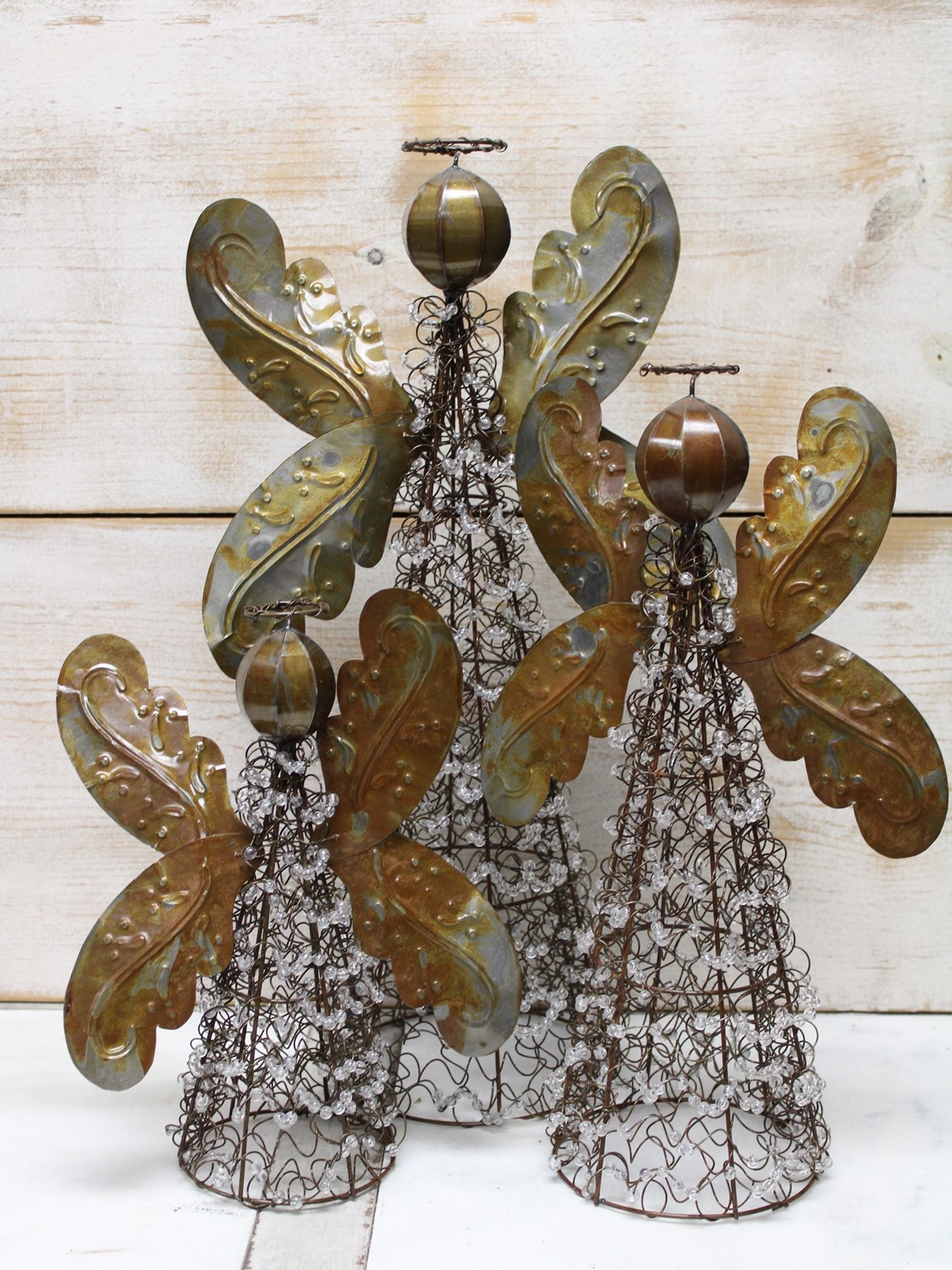 Set/3 Vintage Wire Angels w/ Beads, Embossed Wings 10.75,15, 19" JM9343S