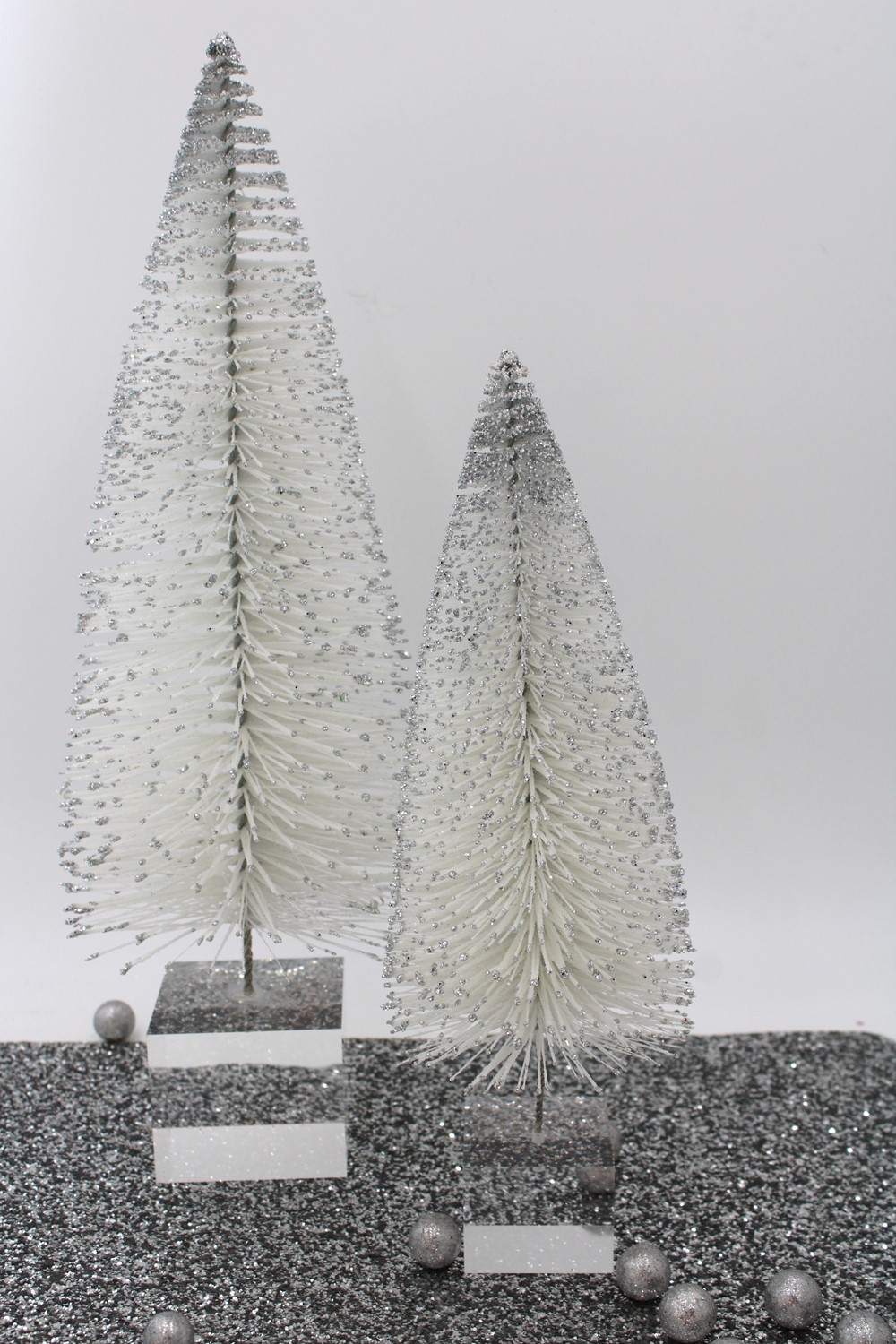 Set/2 Sisal Trees w/ Silver Glitter Finish on Acrylic Base, 12, 16" CM1182S