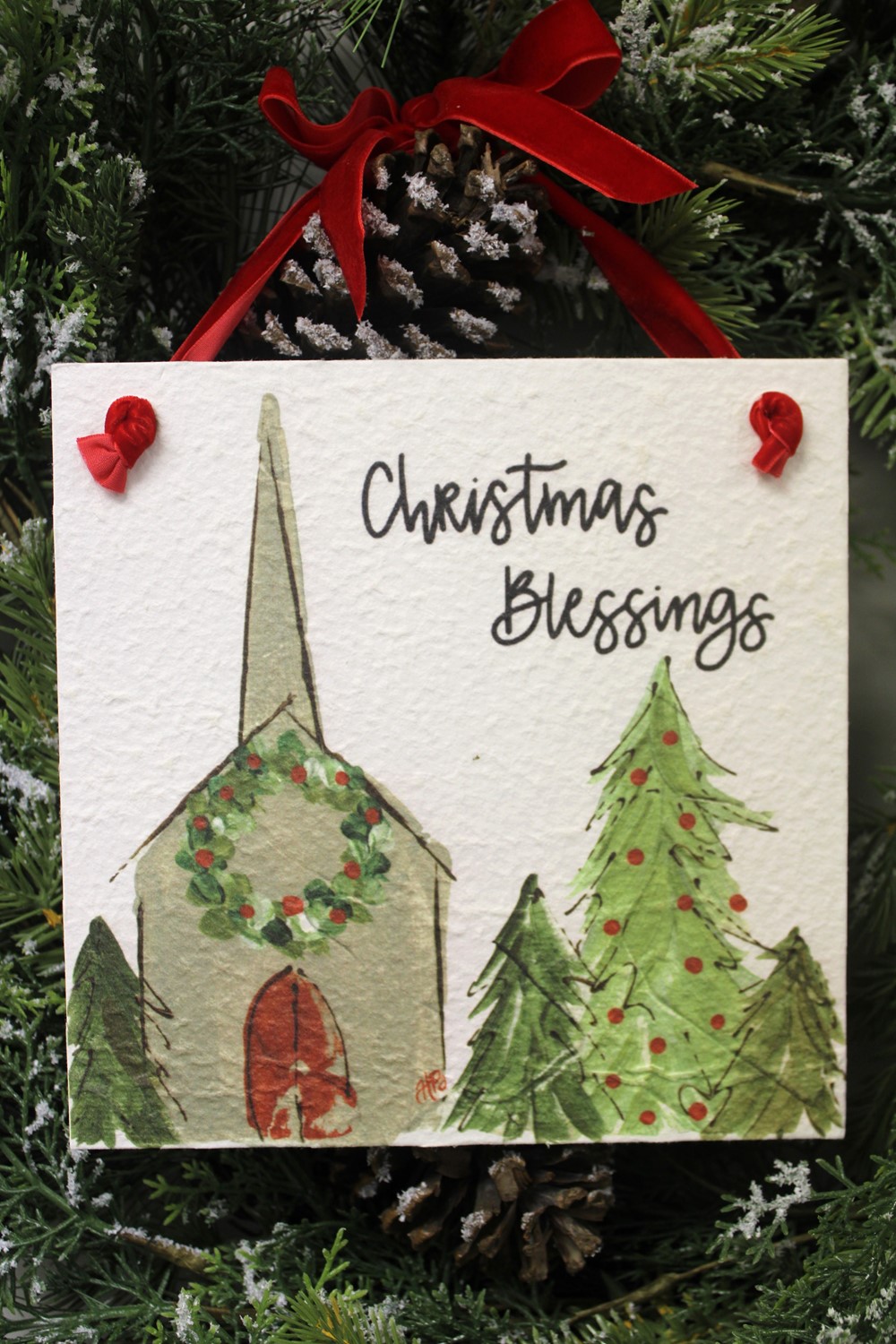 8x8" Textured Wall Sign, Velvet Ribbon, Christmas Blessings Church ©Haley Bush HBX1277