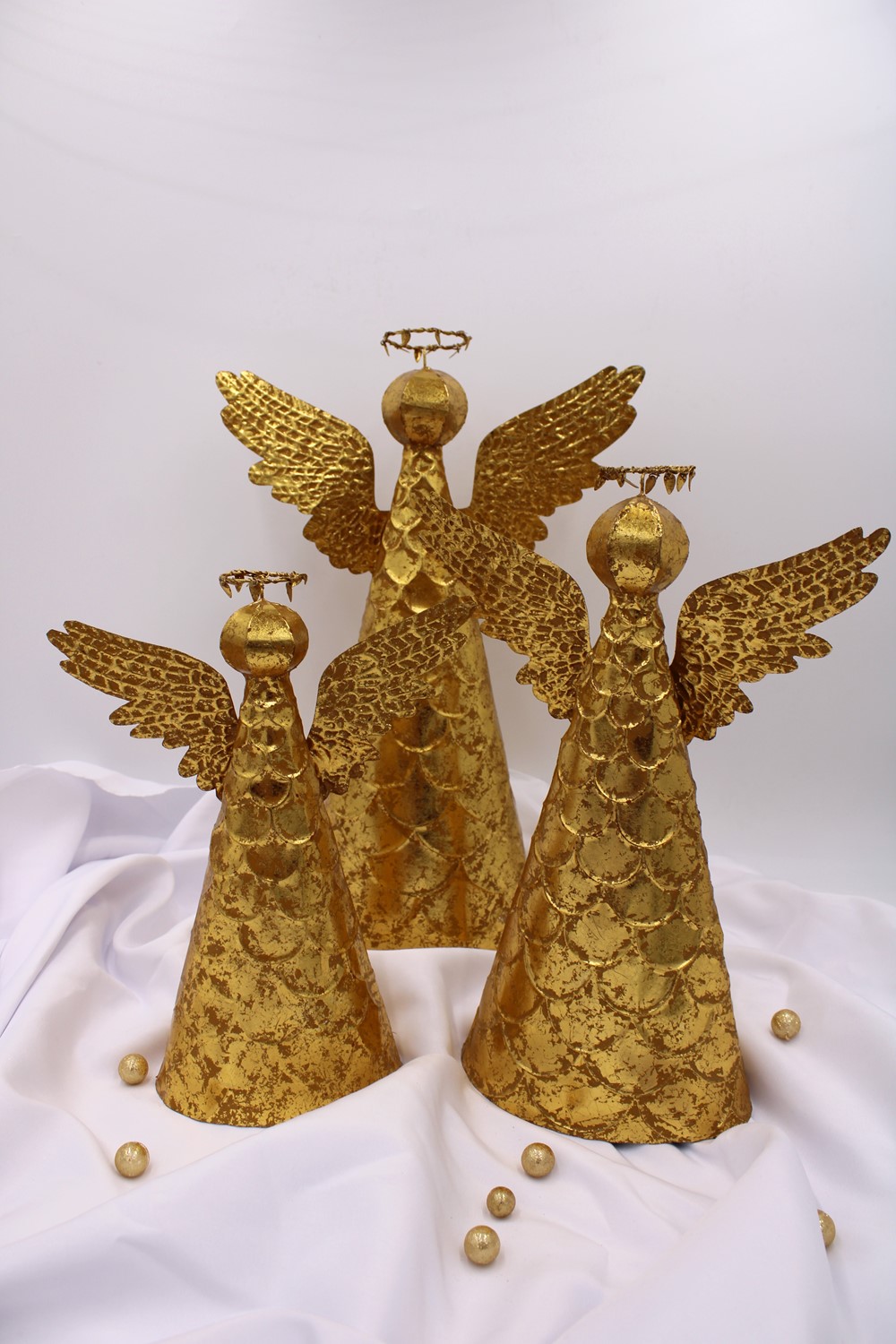 Set/3 Gold Leaf Angels, Scallop, Tabletop or Tree Topper 12, 14.5, 17.75" JM9318S