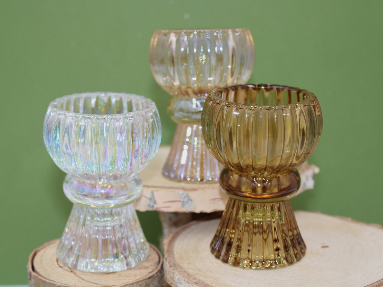 2.3x3" Glass Taper/Tealight Holder, Clear Irid/Amber Irid/Amber, 3 assorted CM1252A