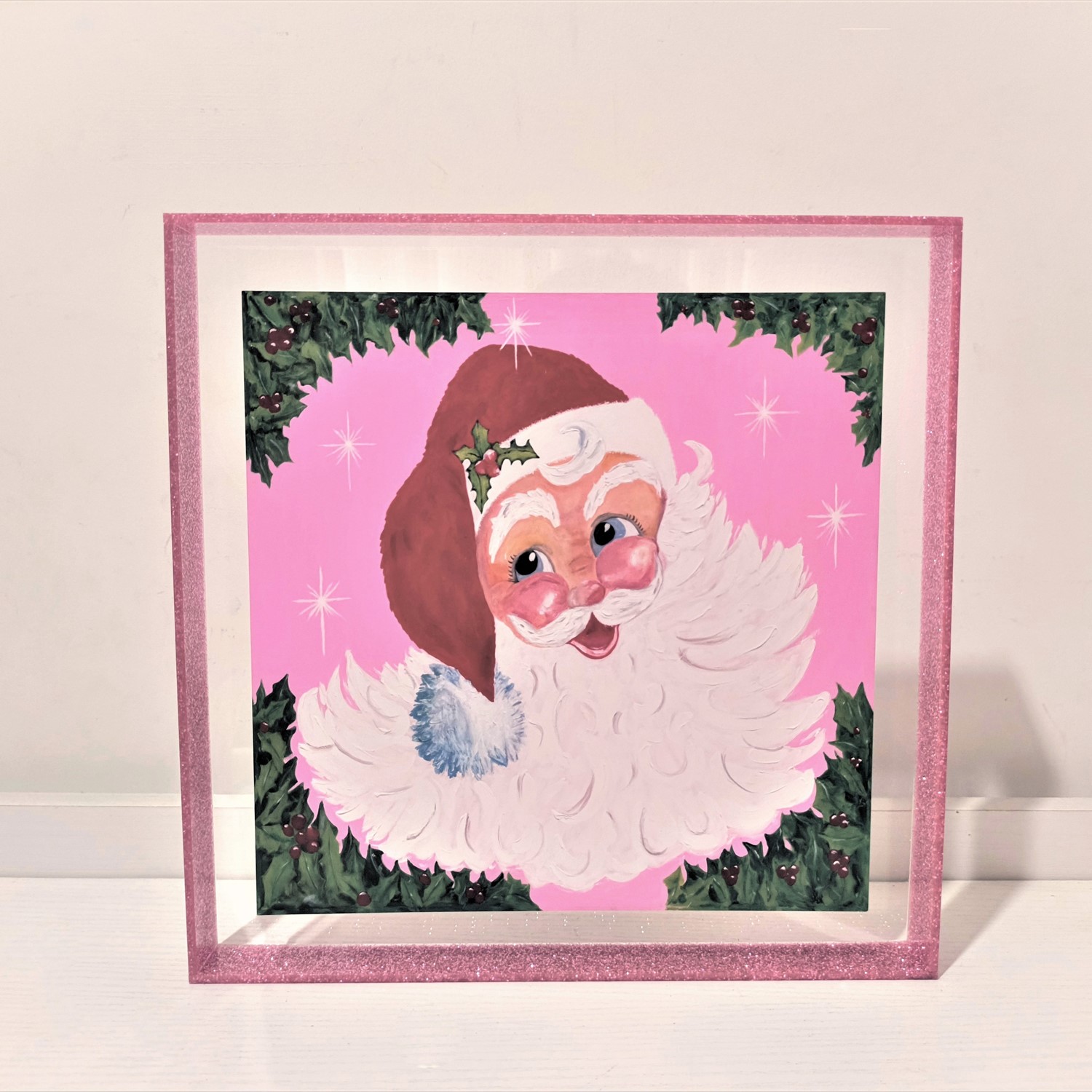 10x10" Acrylic Tabletop w/Glitter Frame, Santa on Pink Background ©Cyta Art CHX0008