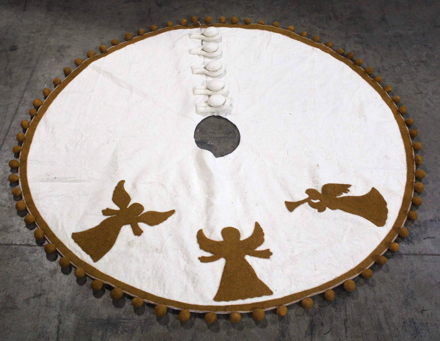 55" Handmade Wool Tree Skirt, Ivory with Gold Angels CM1336