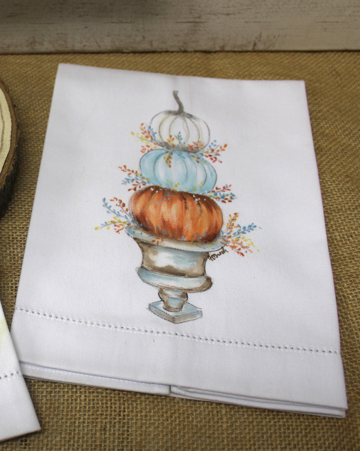 13x20" Handpainted Tea Towel, Stacked Pumpkins in Urn ©Haley Bush HBF0010