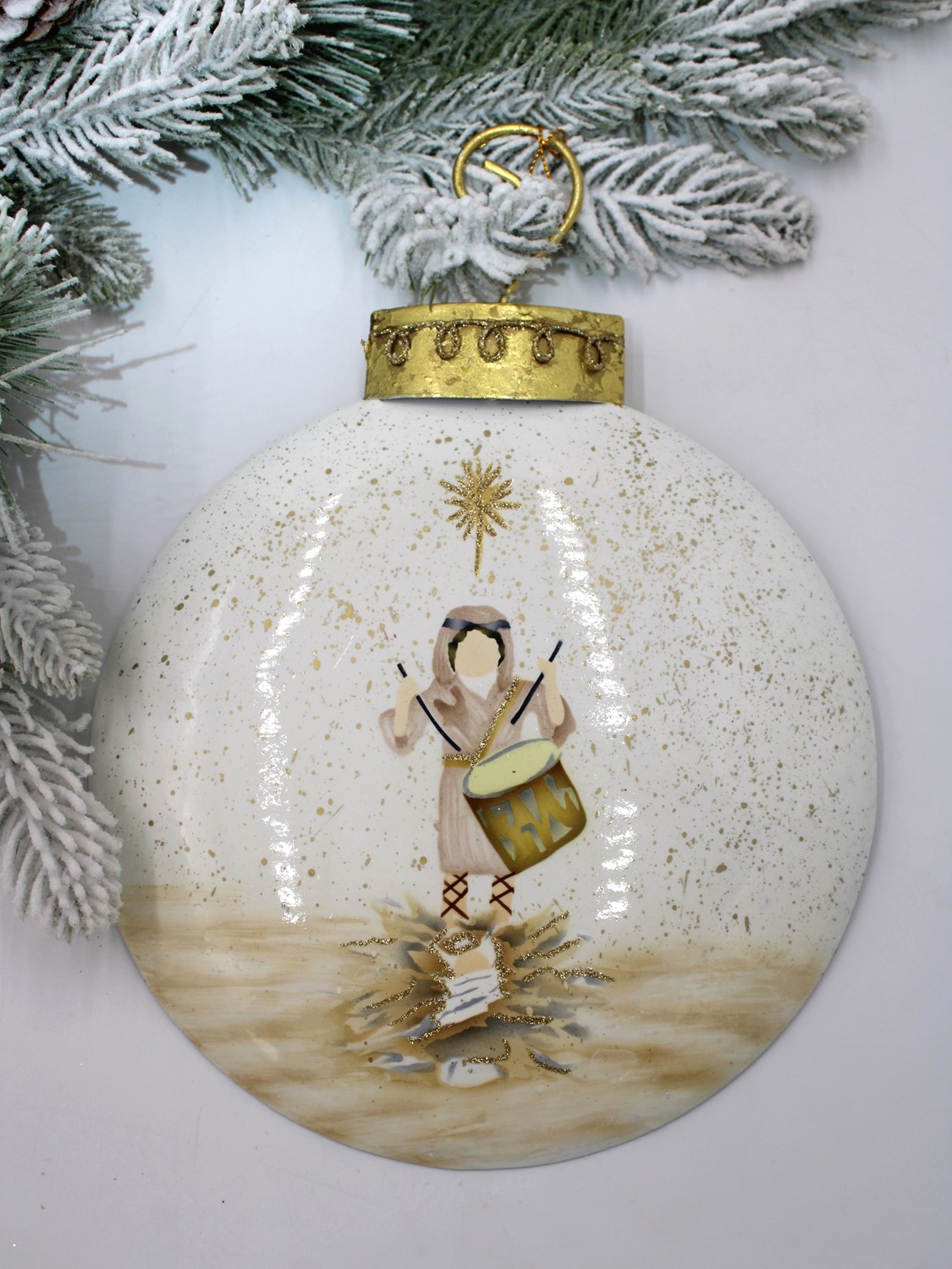 8x.5x10.5" Handpainted Metal Ornament, Drummer Boy at Manger ©Tawnya Norton TNX3038