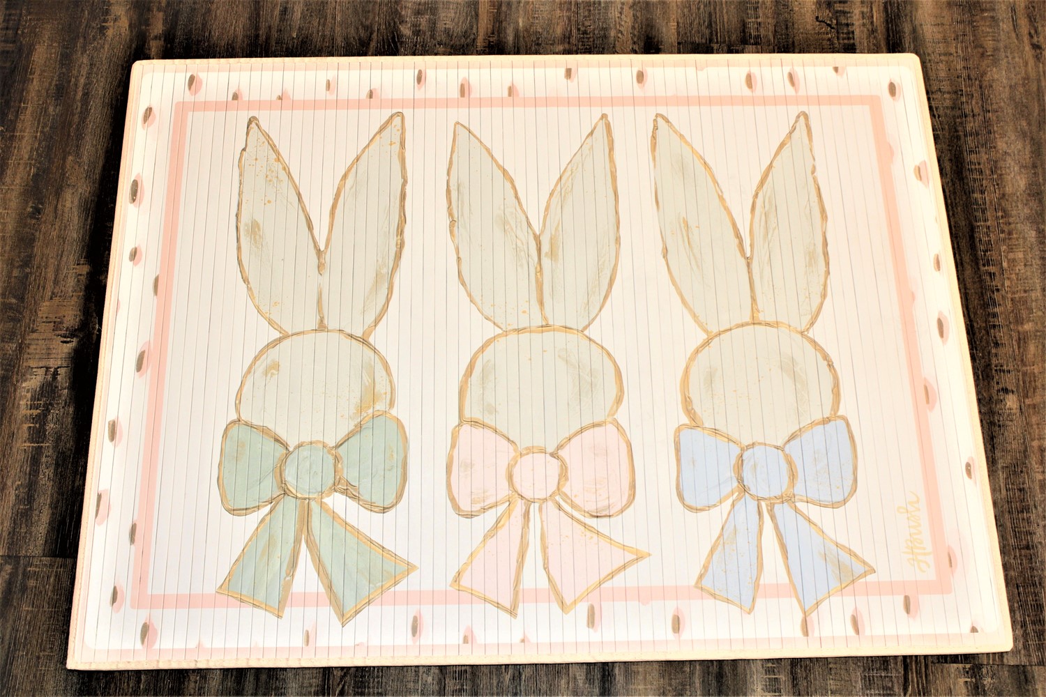 47x35" Bamboo Mat, Bunny Trio with Bows Pastels ©Haley Bush HB1002