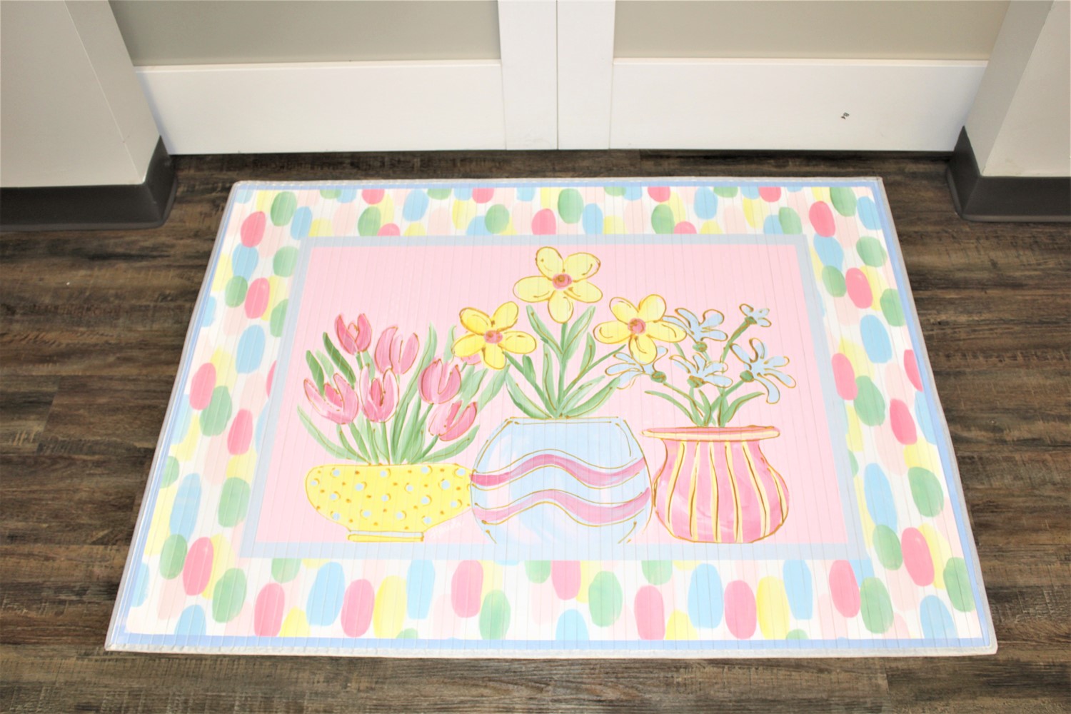 47x35" Bamboo Mat, Flower Pot Trio with Confetti Dot Border ©Haley Bush HB1006