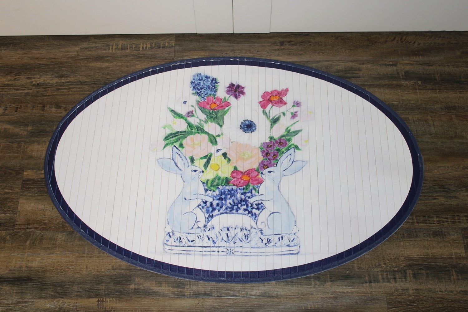 36x24" Oval Bamboo Mat, Rabbit Vase with Flowers ©Tawnya Norton TN2106